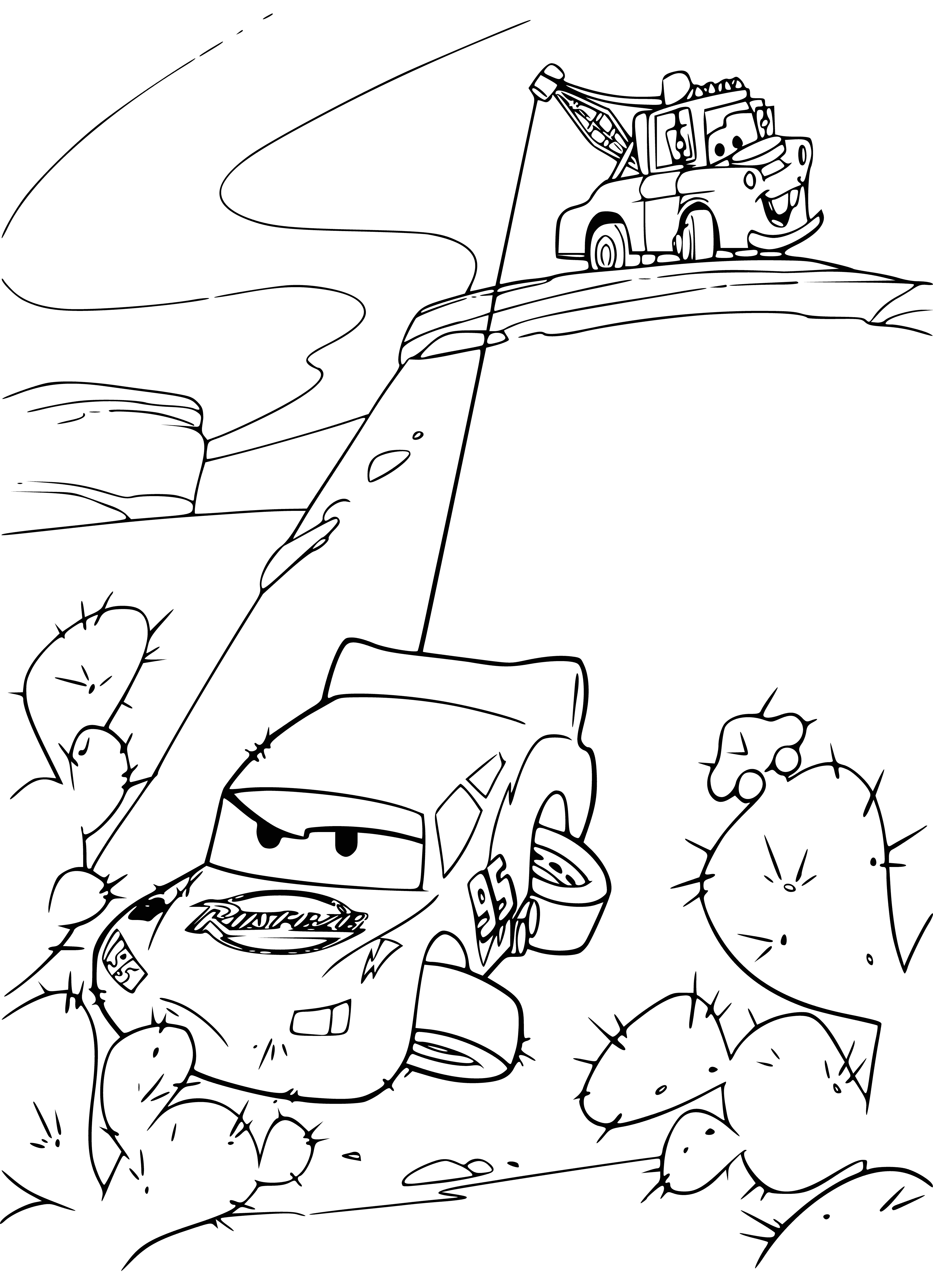 coloring page: Drivers race over, car badly damaged, driver nowhere to be seen - this car won't go anywhere soon.