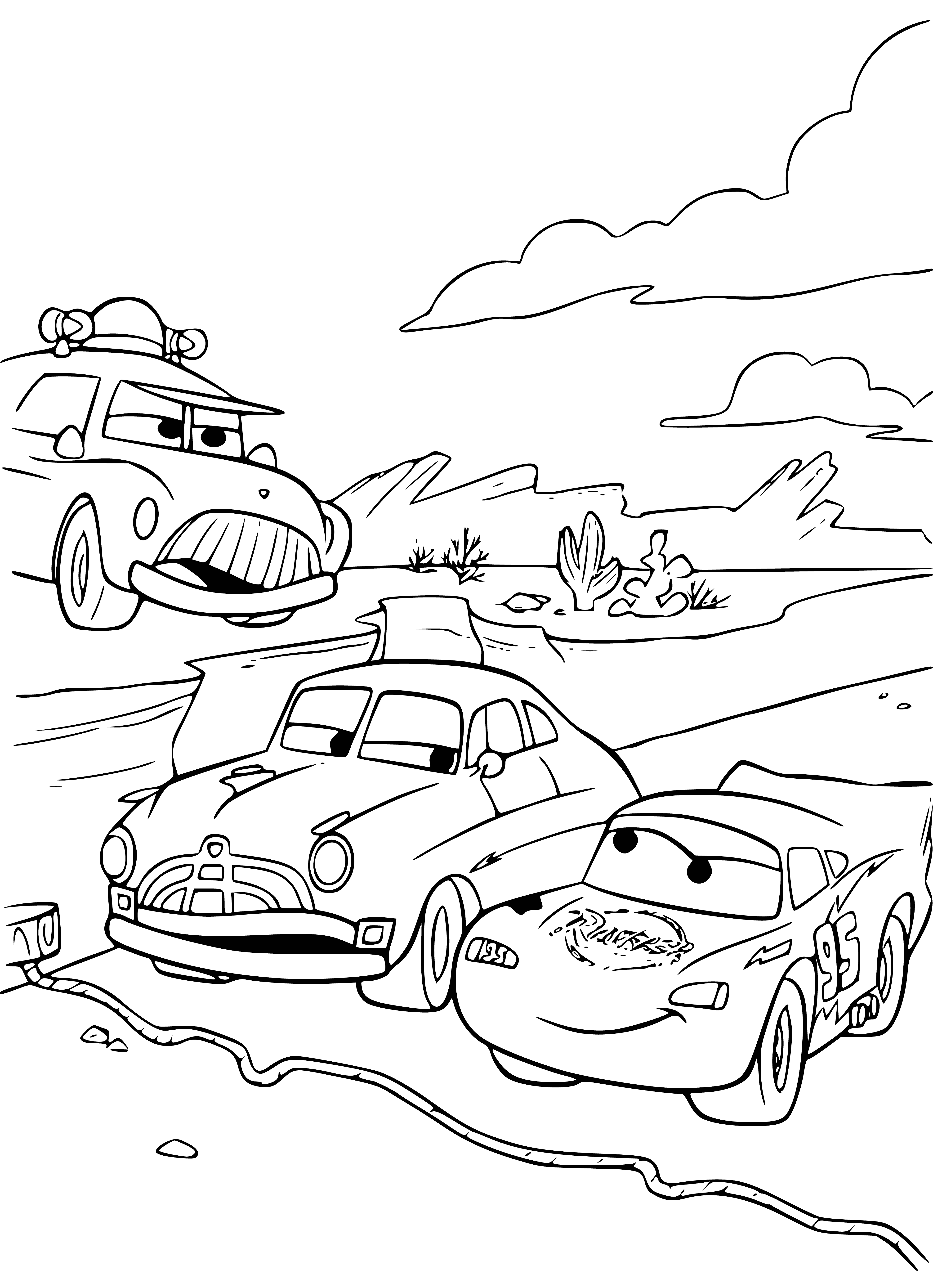 coloring page: Two cars in a barn, a red one with "Doc" written on it and a blue one with a white lightning bolt. #CarBarn