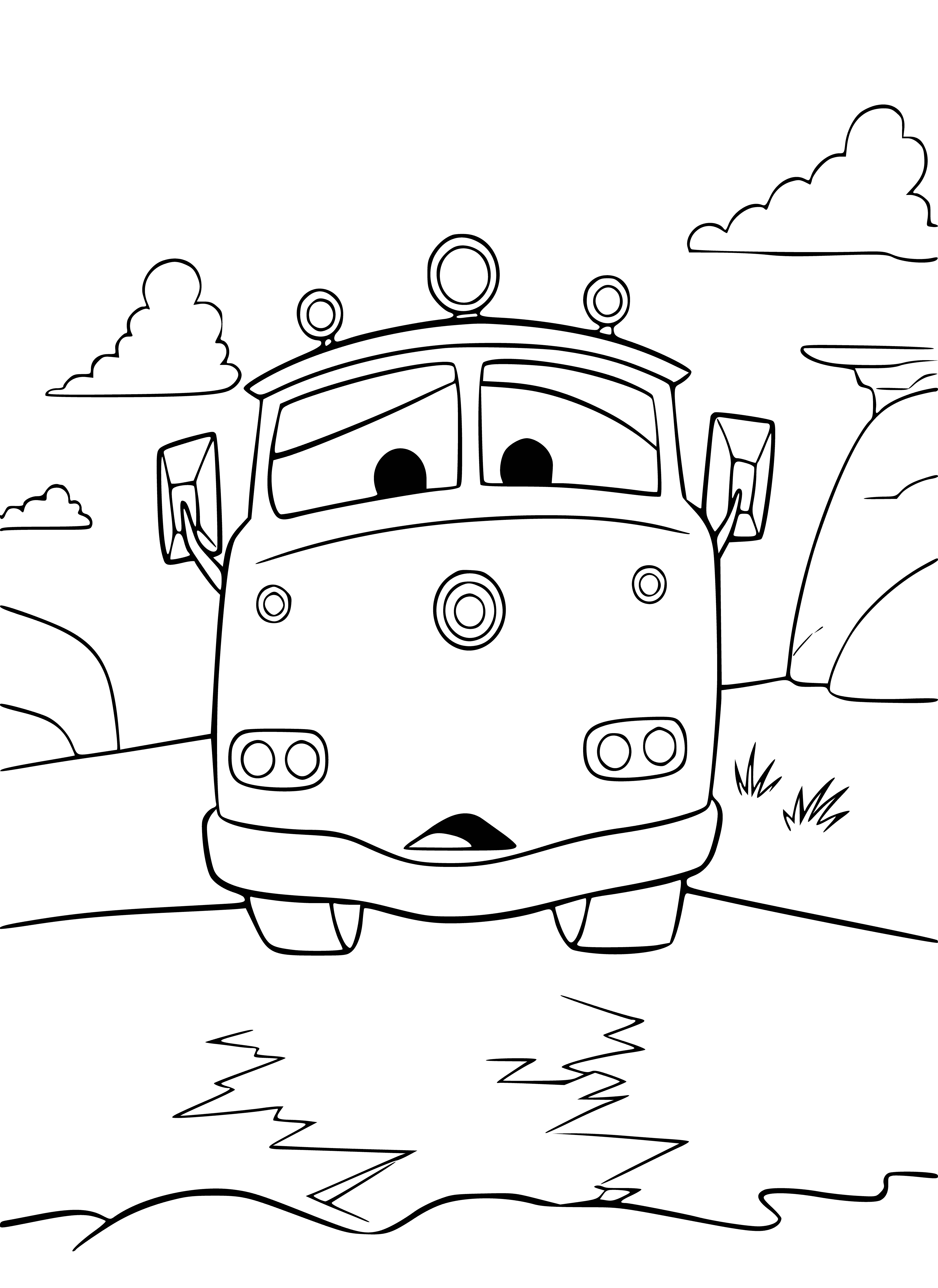 coloring page: A fire truck drives through a city, wide-eyed and open-mouthed, sorrowfully wailing. #citylife #firetruck