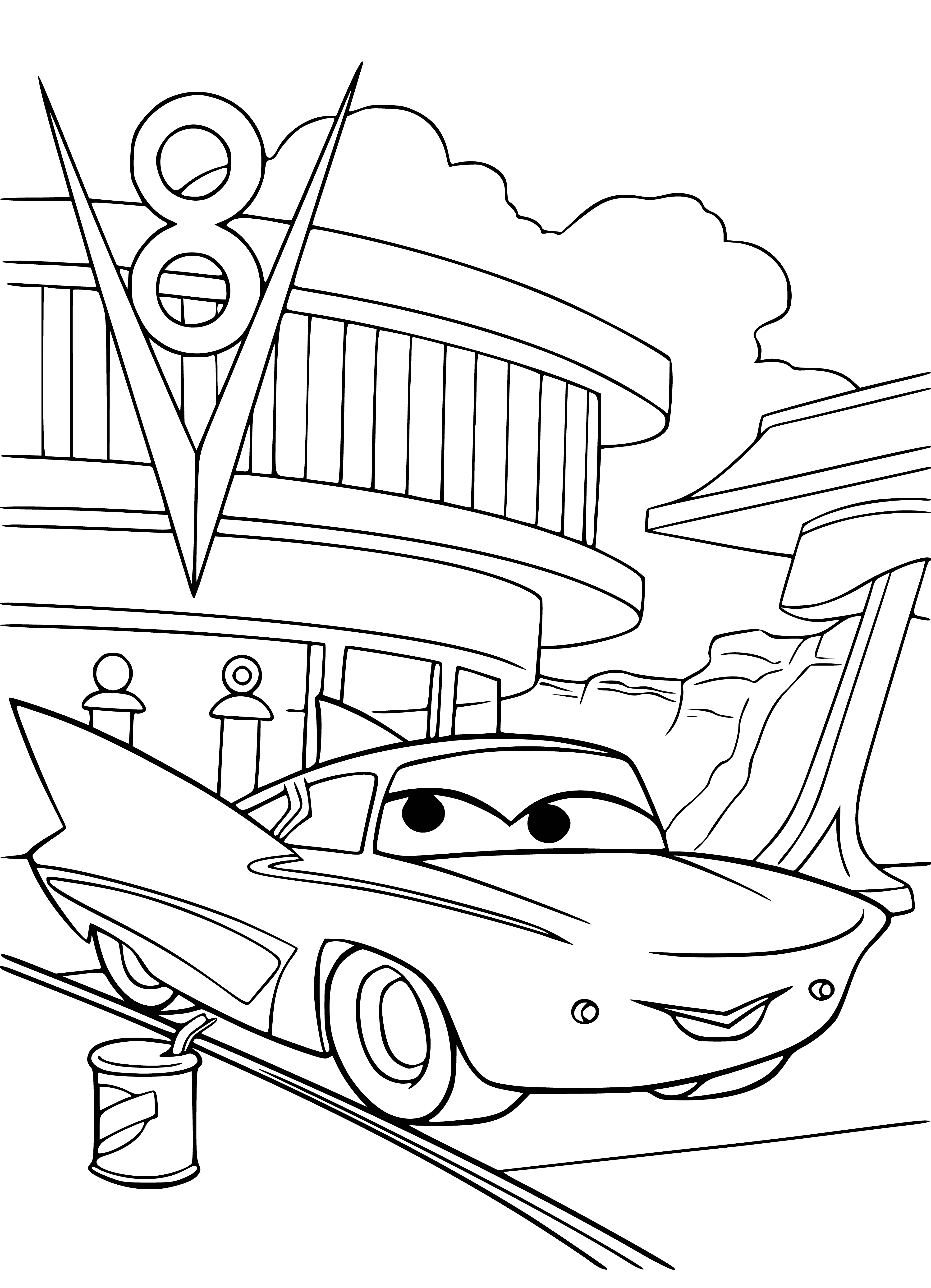coloring page: Driver pumps gas at car, looks at dashboard. Door open, driver holds pump in one hand, other hand on door. Blue/white car.