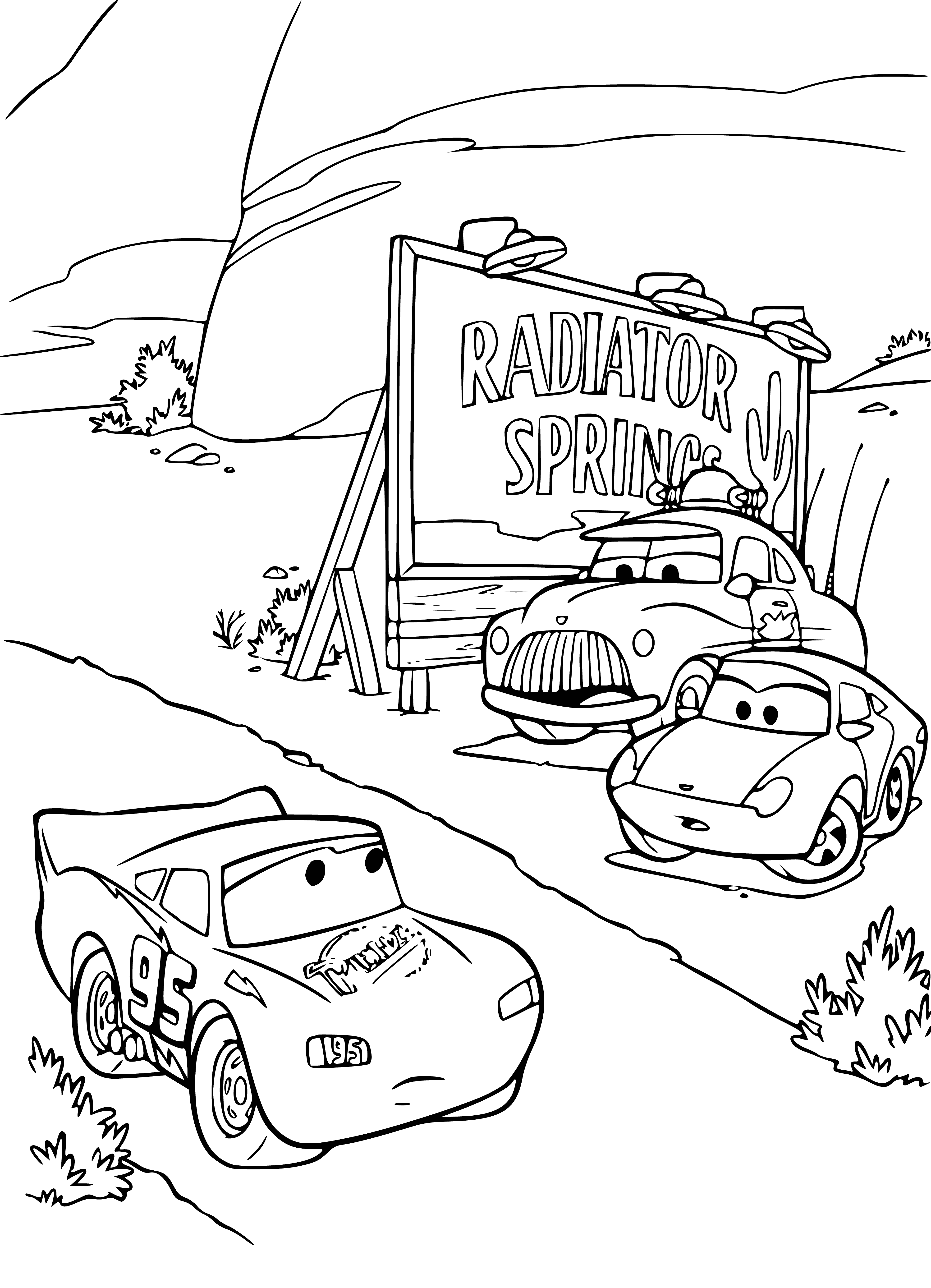 coloring page: Car out of gas, gas station in distance too late: gauge reads "E", car slowly rolls to a stop.