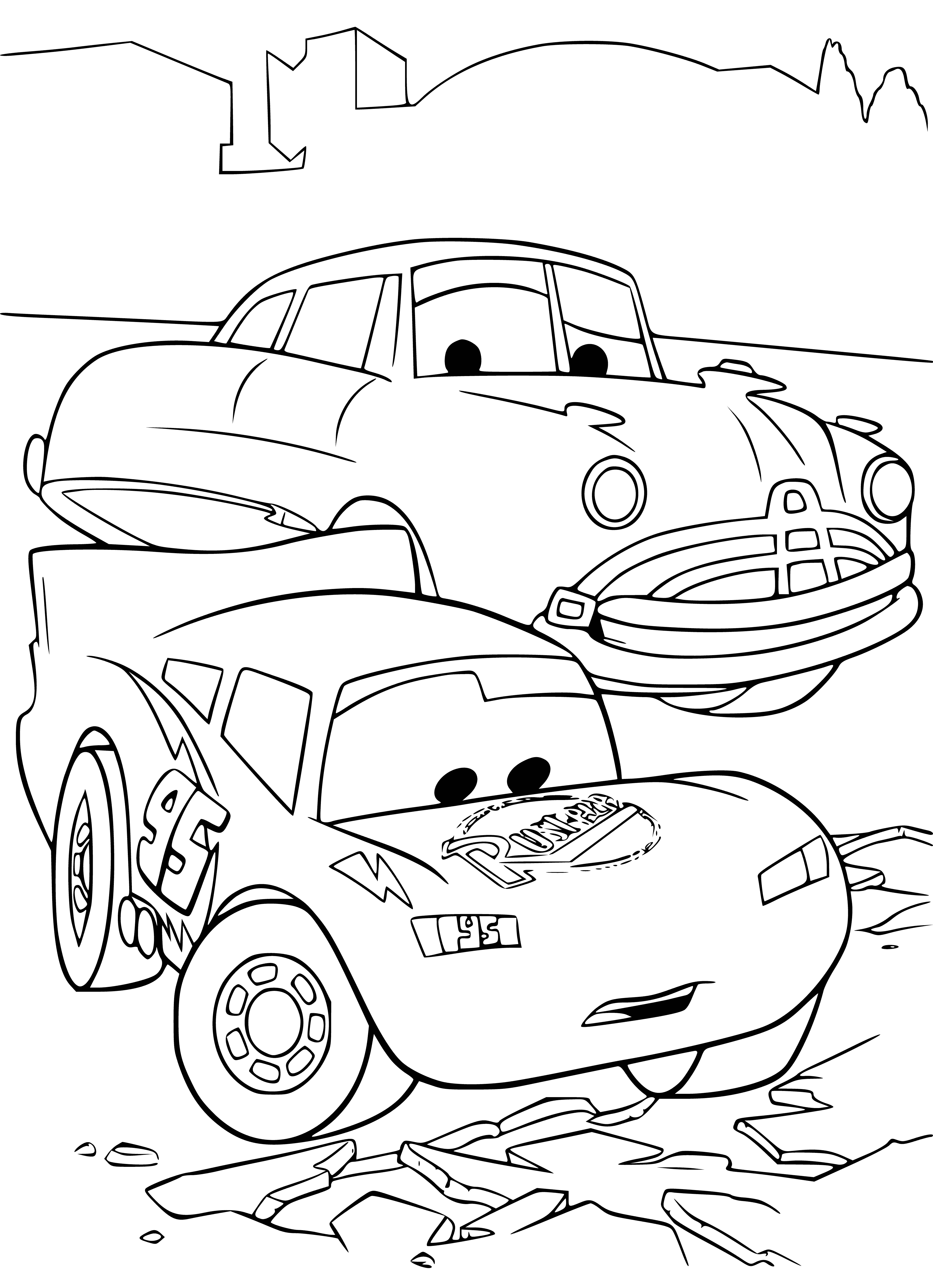 coloring page: Two cars drive side-by-side, each with flames of different colors.