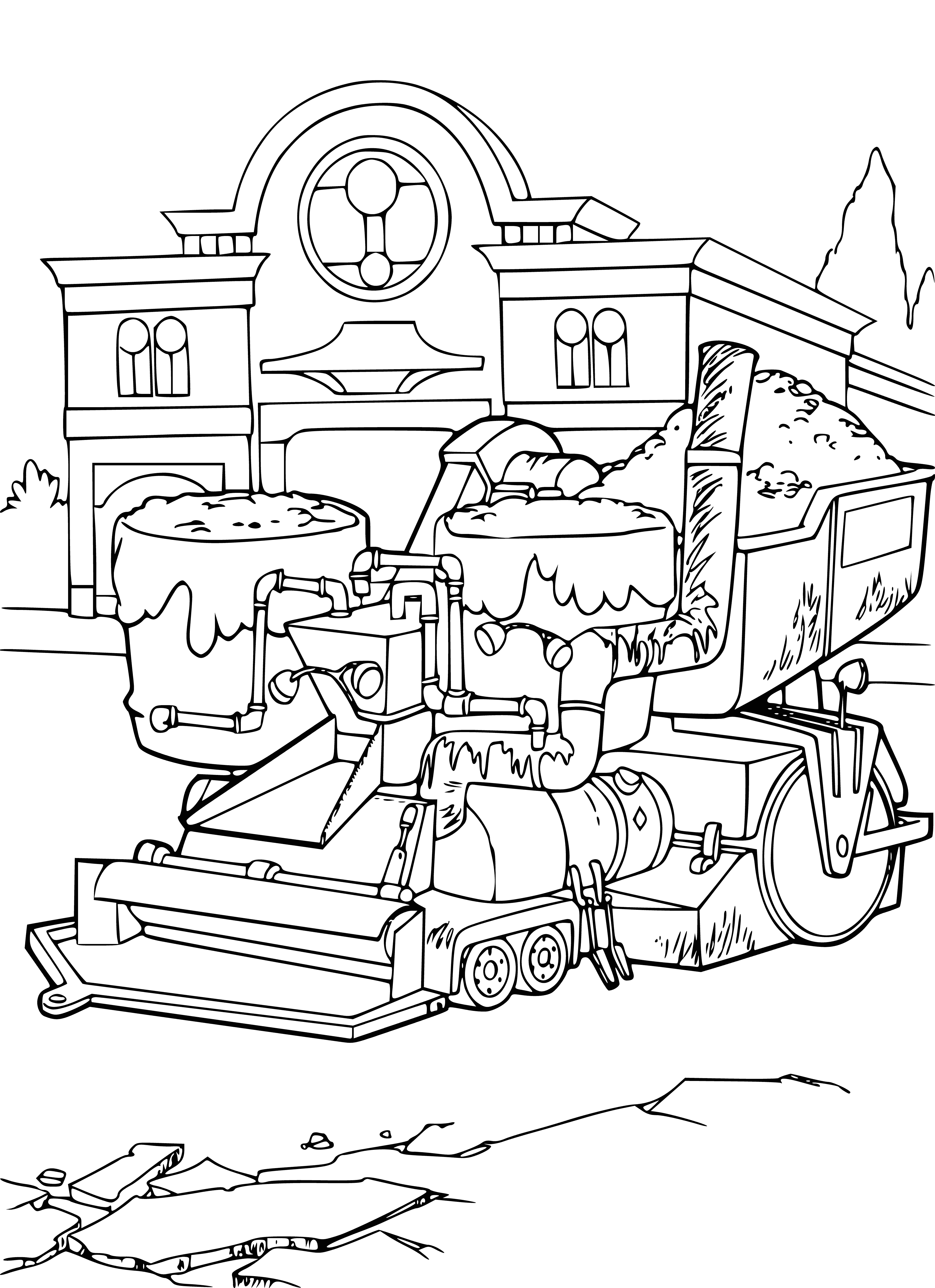 coloring page: Large, yellow machine w/ a long flat platform on front, round metal drum in middle. Three black conveyor belts along top. Black engine on back.