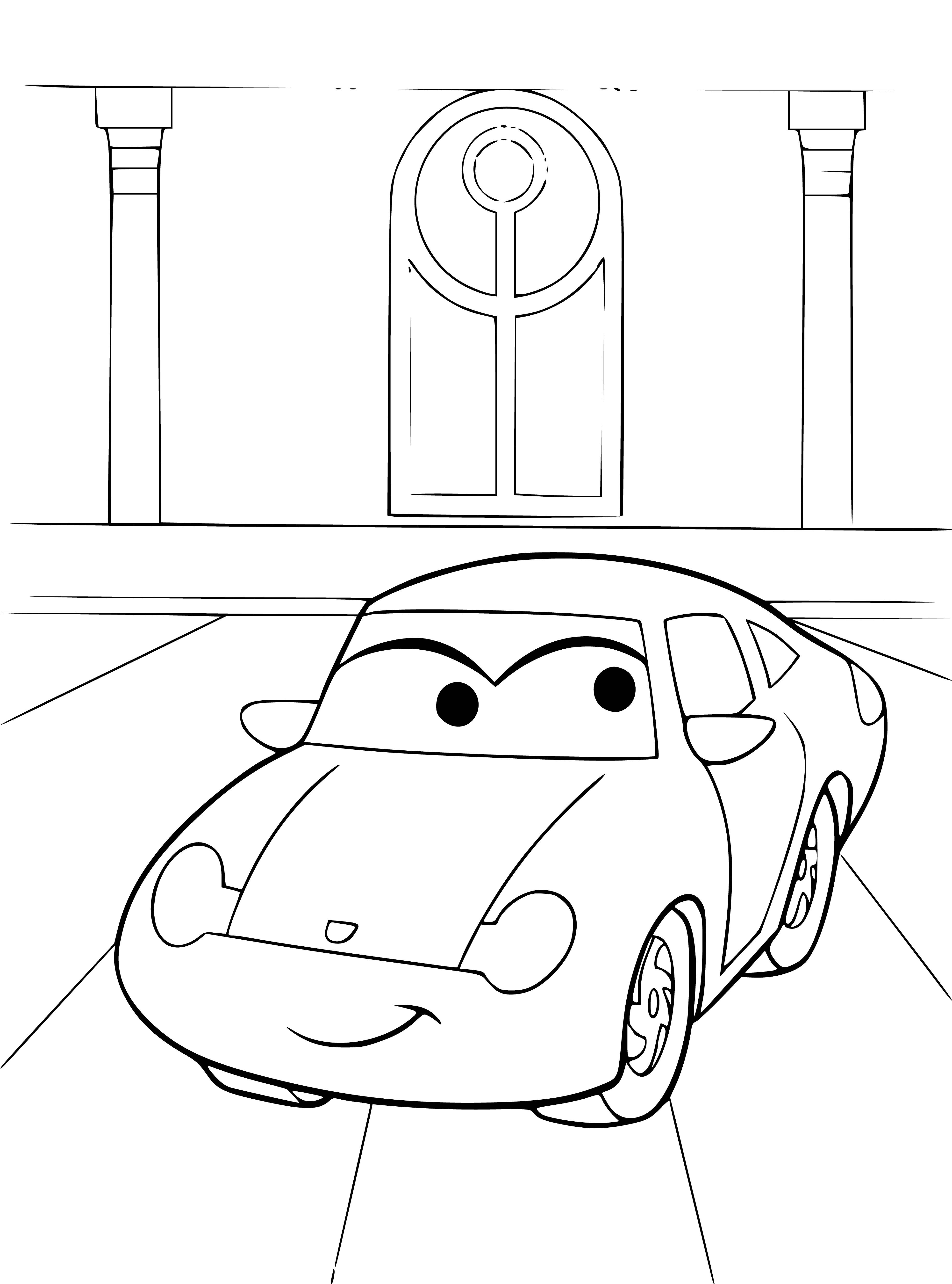 coloring page: Sally is a red car with white roof and black stripe, four round headlights, 6-bar grille, and two round taillights.