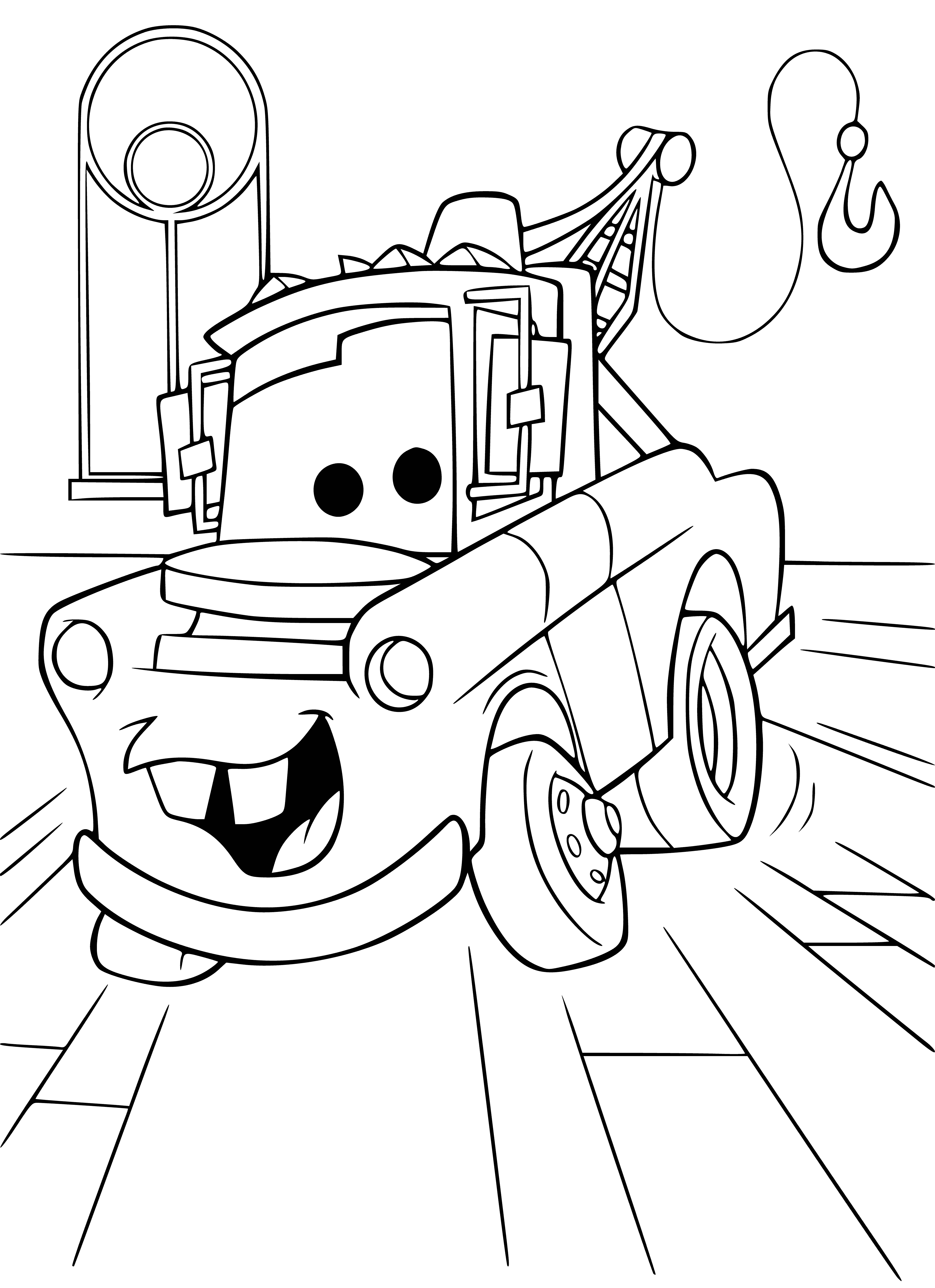 coloring page: Adorable cartoon car coloring page with anthropomorphic features, red with yellow stripes, big tires, and backdrop of blue sky and clouds.