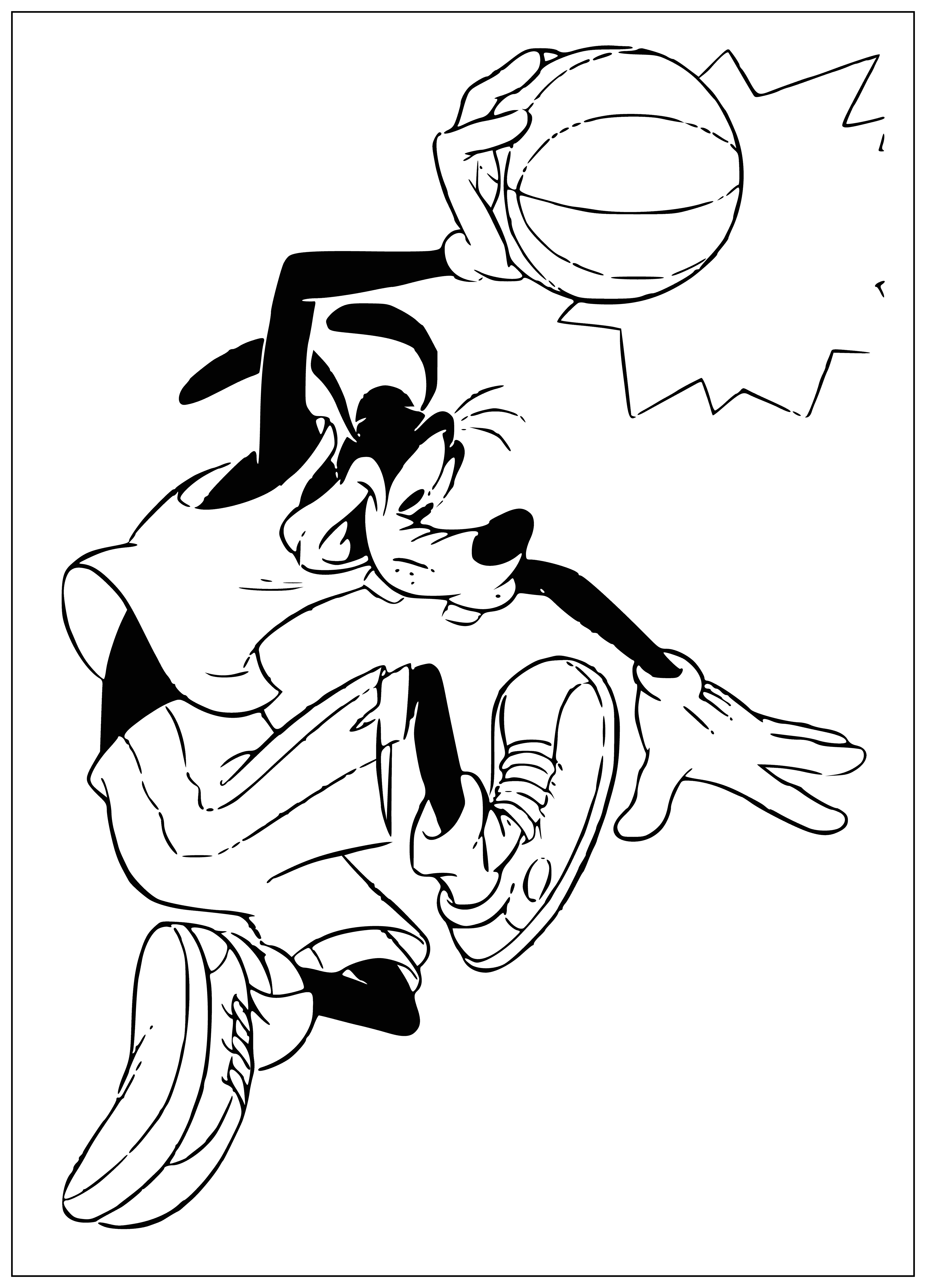 coloring page: Mickey Mouse is playing basketball with a red shirt, blue shorts and red shoes. He has big black ears and a happy smile.