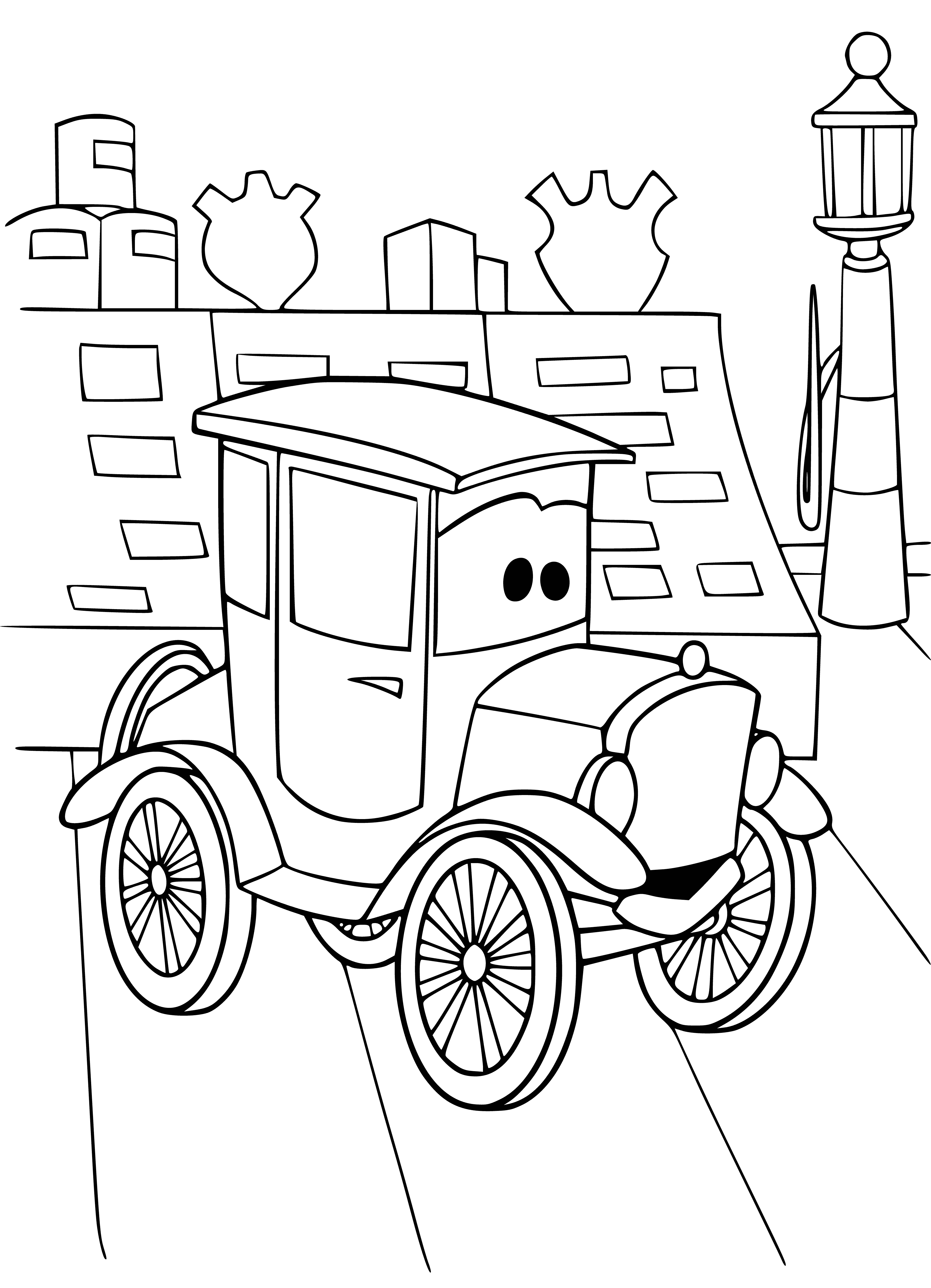 coloring page: Old car with 4 doors in good condition; dark color with a shine.