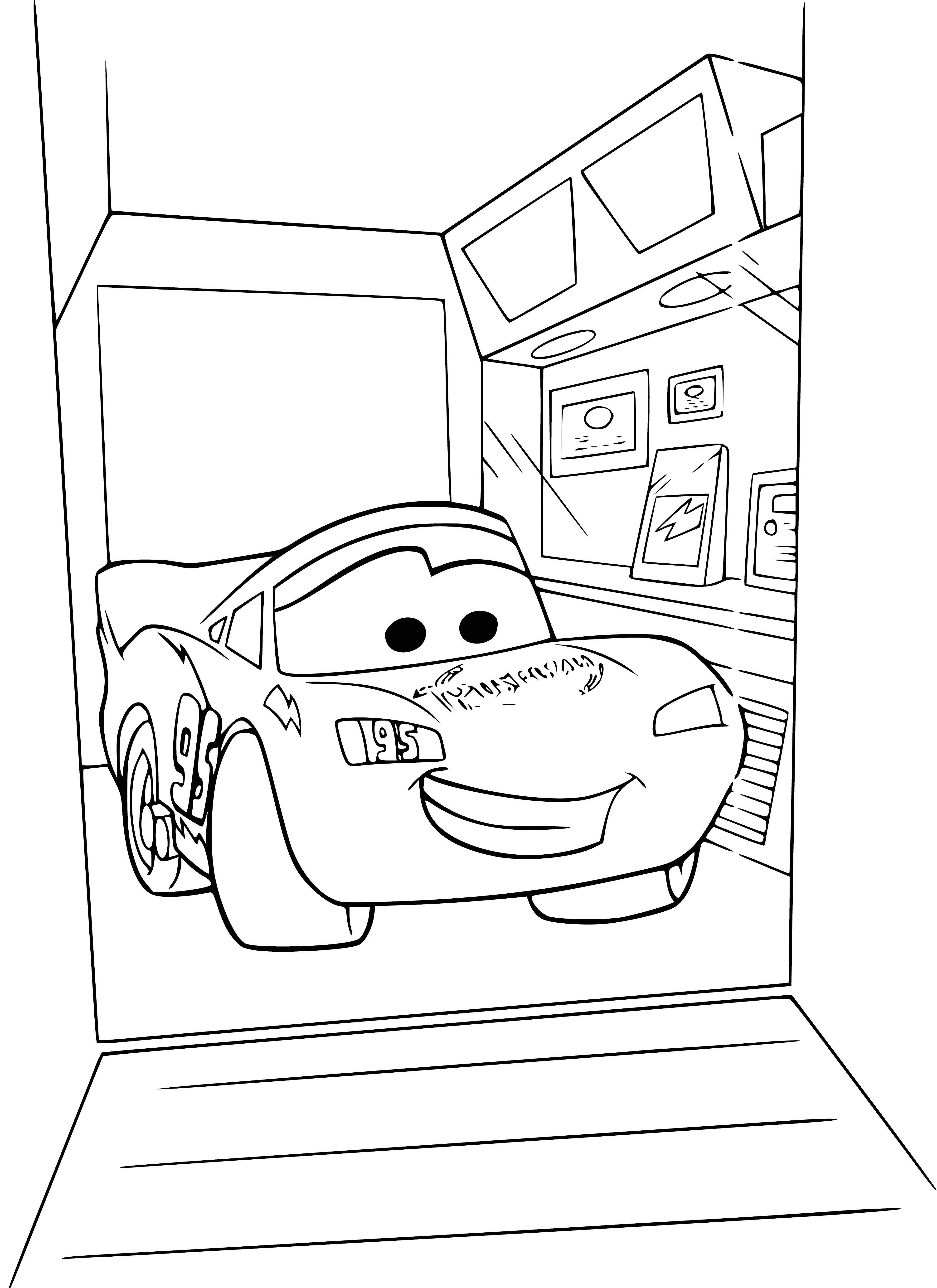 coloring page: Lightning McQueen is a red race car w/ blue & yellow stripes, "95" on doors & green eyes, chrome headlights + gray eyebrows.