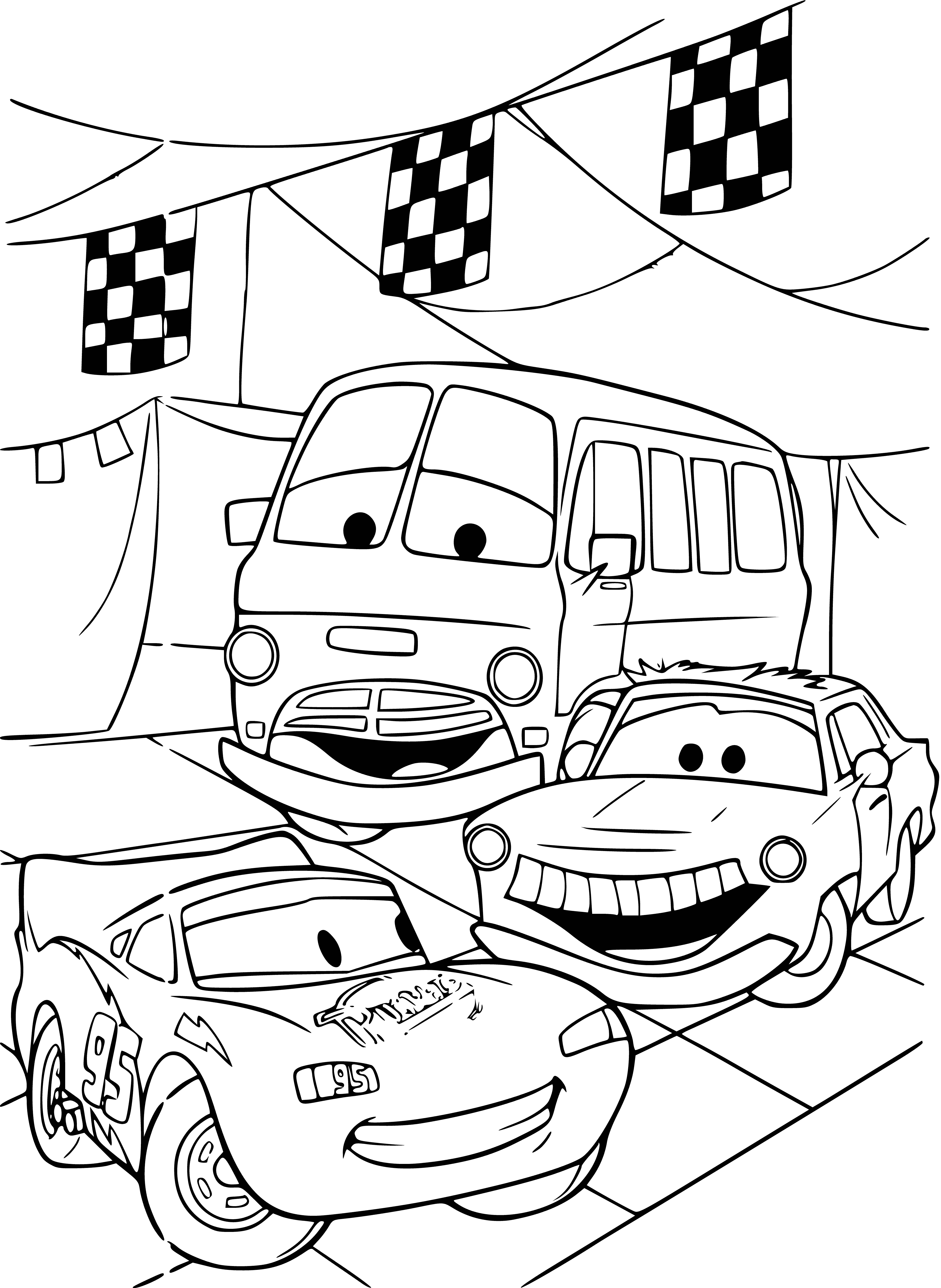 coloring page: Two drivers in racing & regular outfits talking, with a trophy on hood of racing suit driver's car.