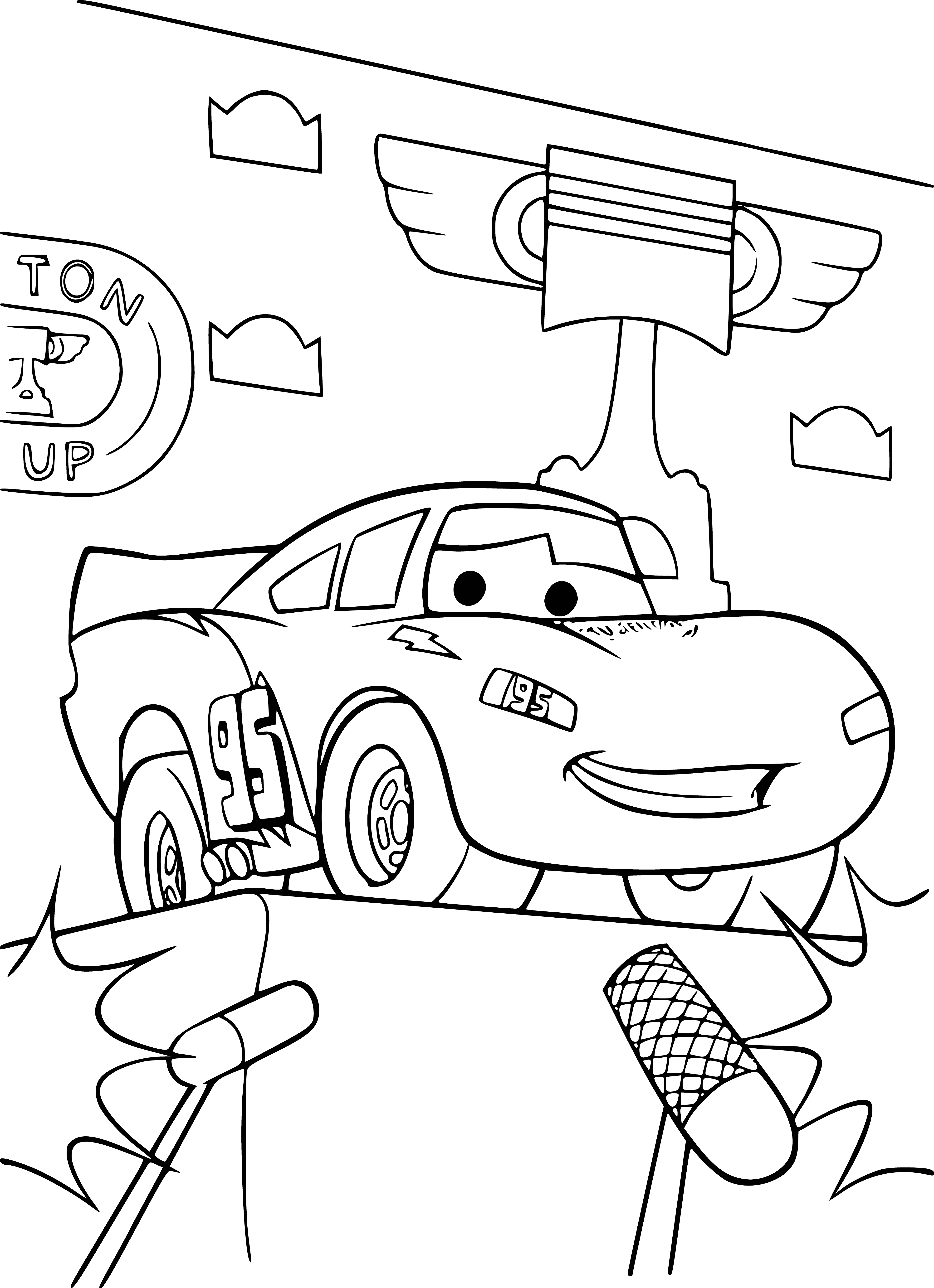 coloring page: Cars in coloring page are various colors; front one is blue #95 & others not as visible.