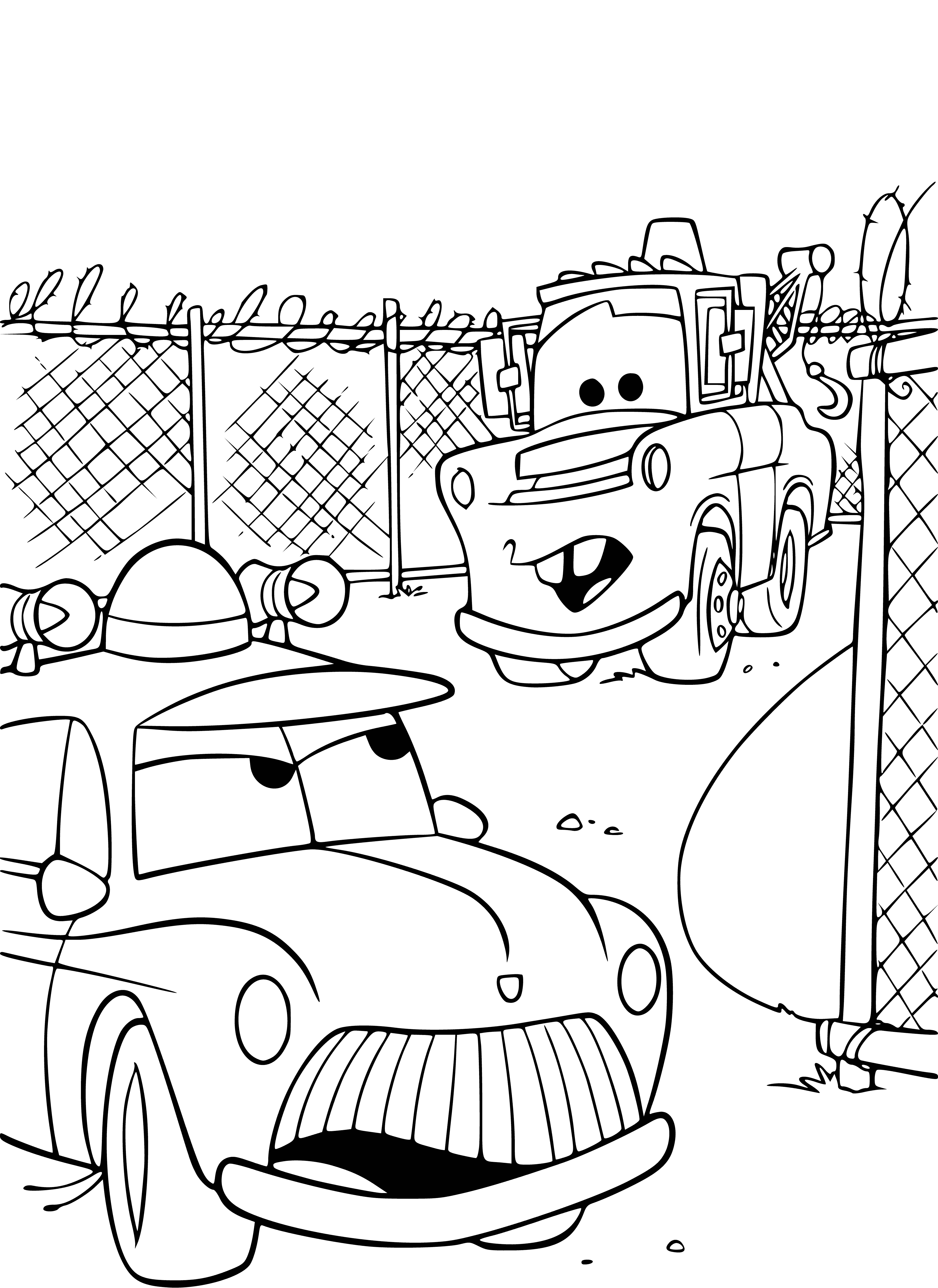 coloring page: Two cars parked side-by-side: sheriff car w/light bar & spotlights, maitre d' car w/VIP Parking sign.