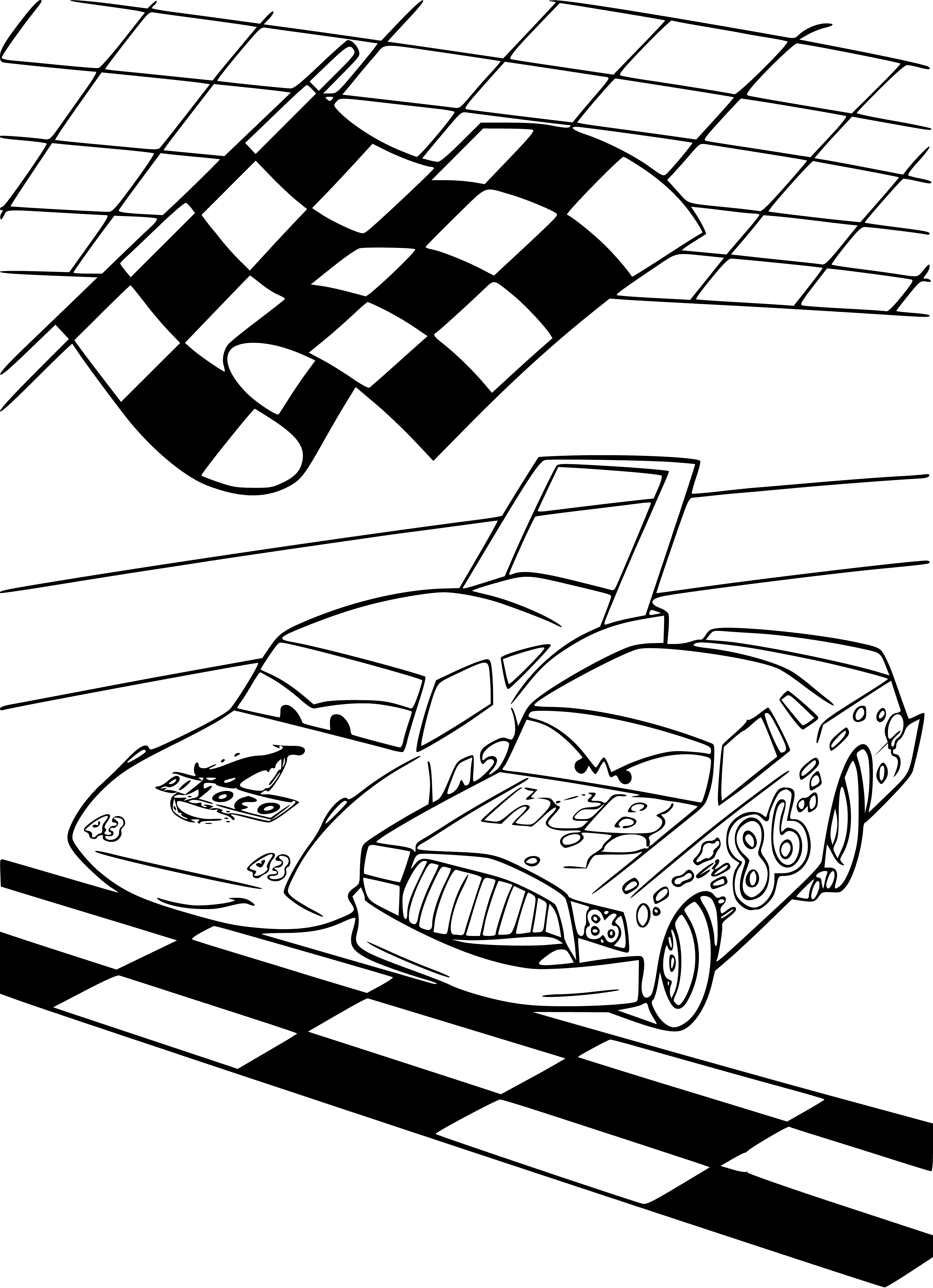 coloring page: A colorful car driving down a road with trees and sun shining on a blue sky.