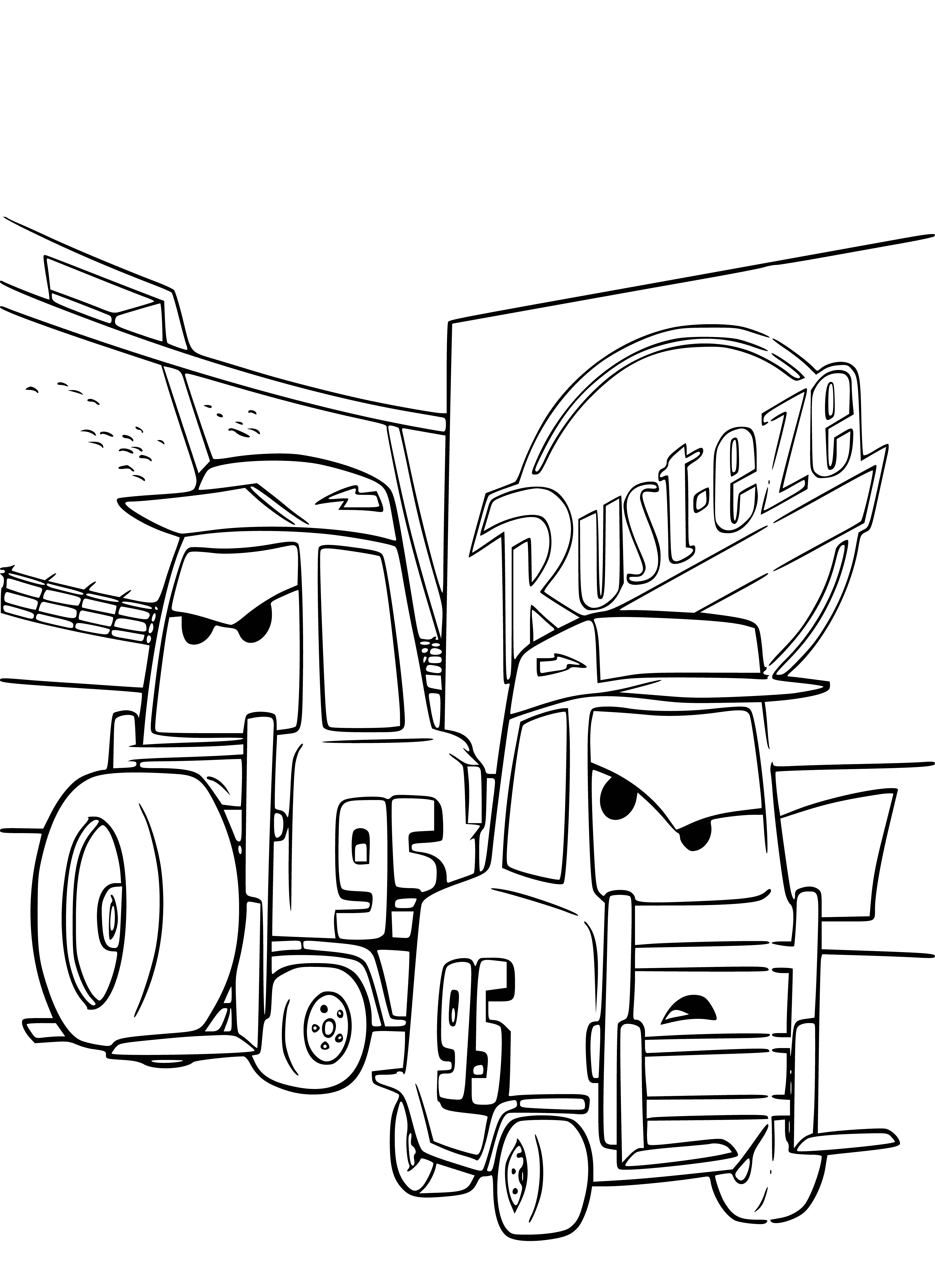 coloring page: Lightning McQueen & team race in Cars, with Mater, Sally & Doc cheering him on. He speeds towards the finish line!