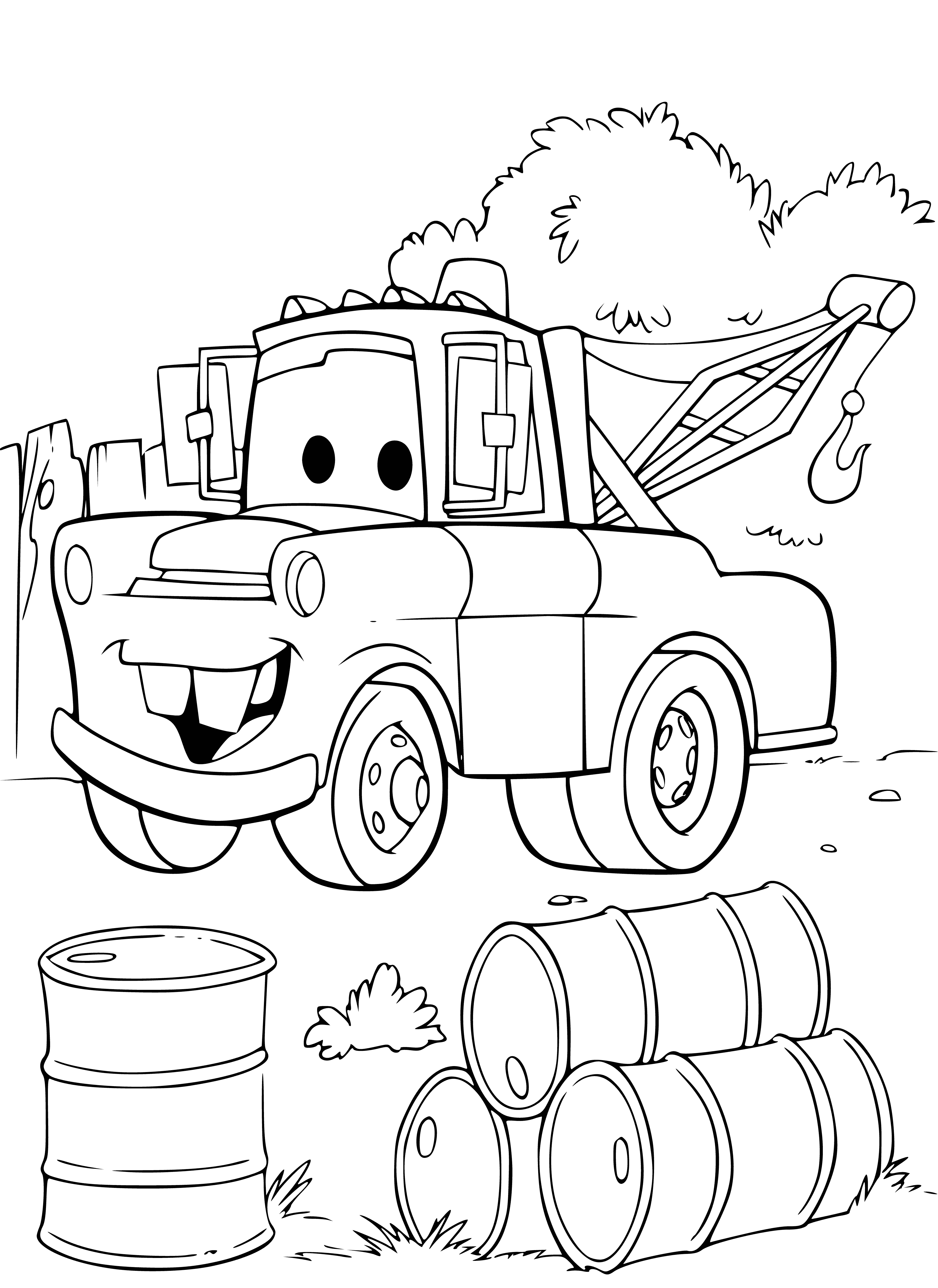 coloring page: Robot rides in a blue GMC pick-up down a dirt road, smiling and waving its one large blue eye.