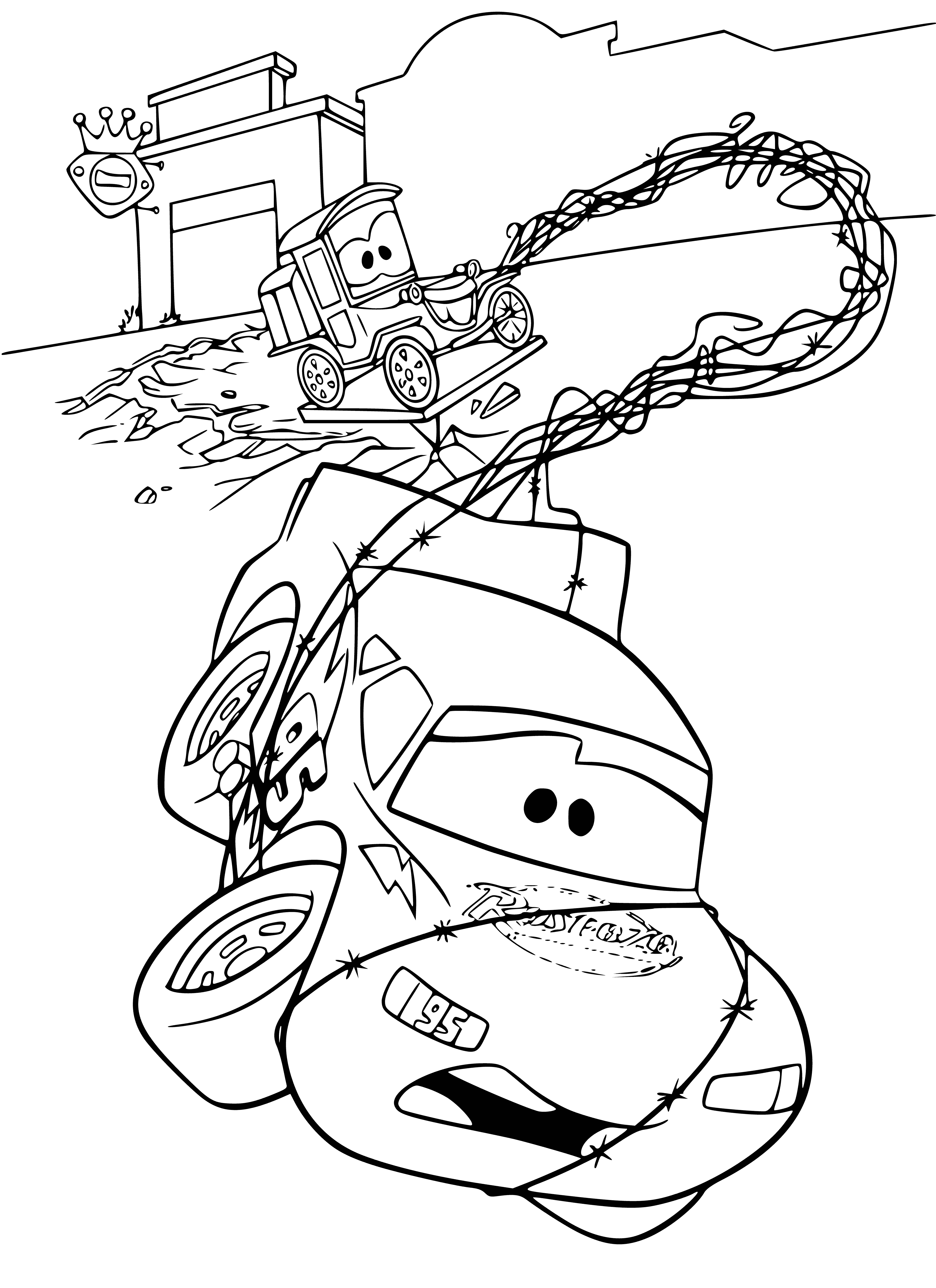 coloring page: Officer driving car quickly, man in backseat with hands behind back, worried expression.