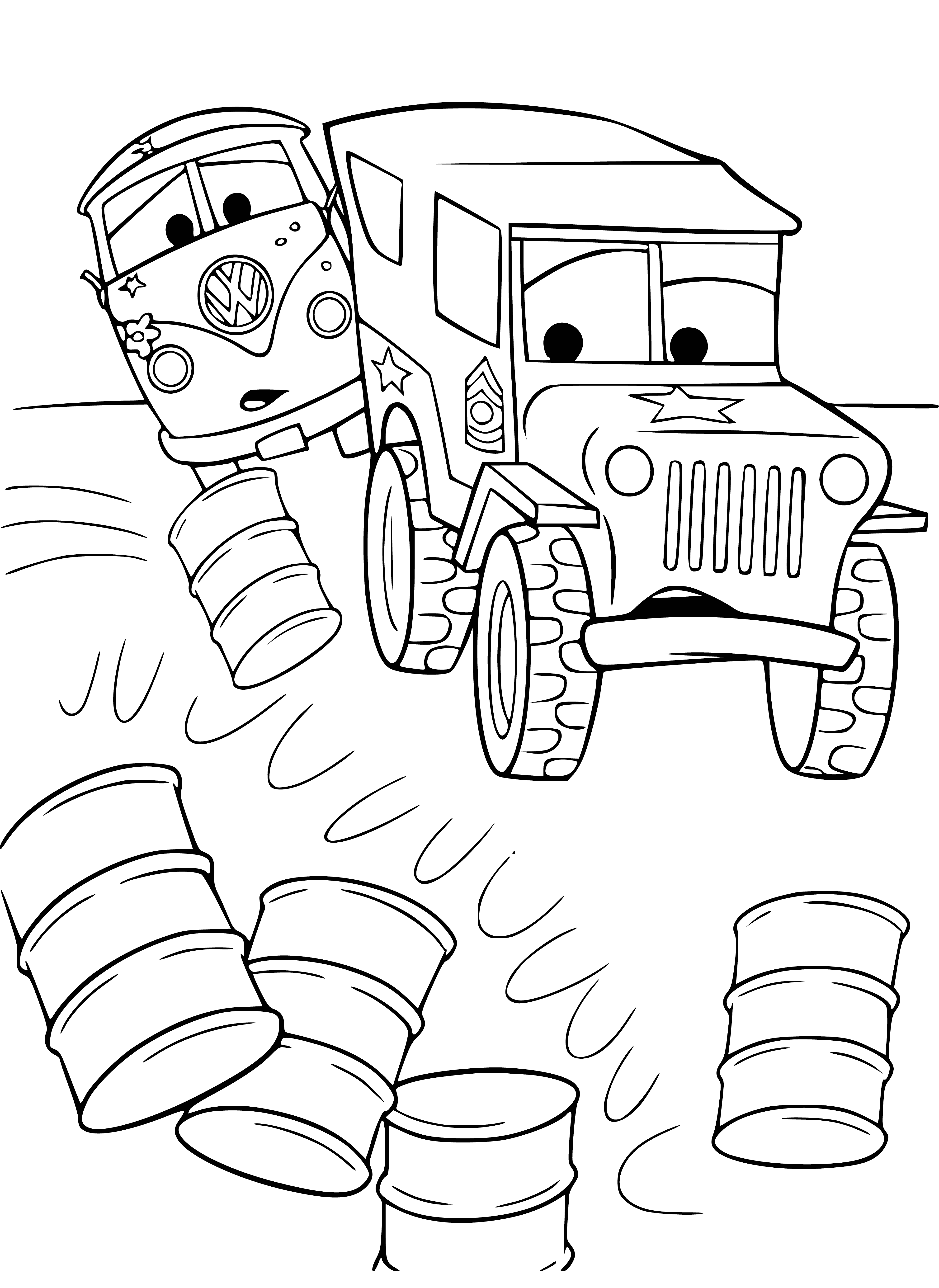 coloring page: Cars in form of barrels & machine in a line; red, white & blue barrels, green & blue machines.