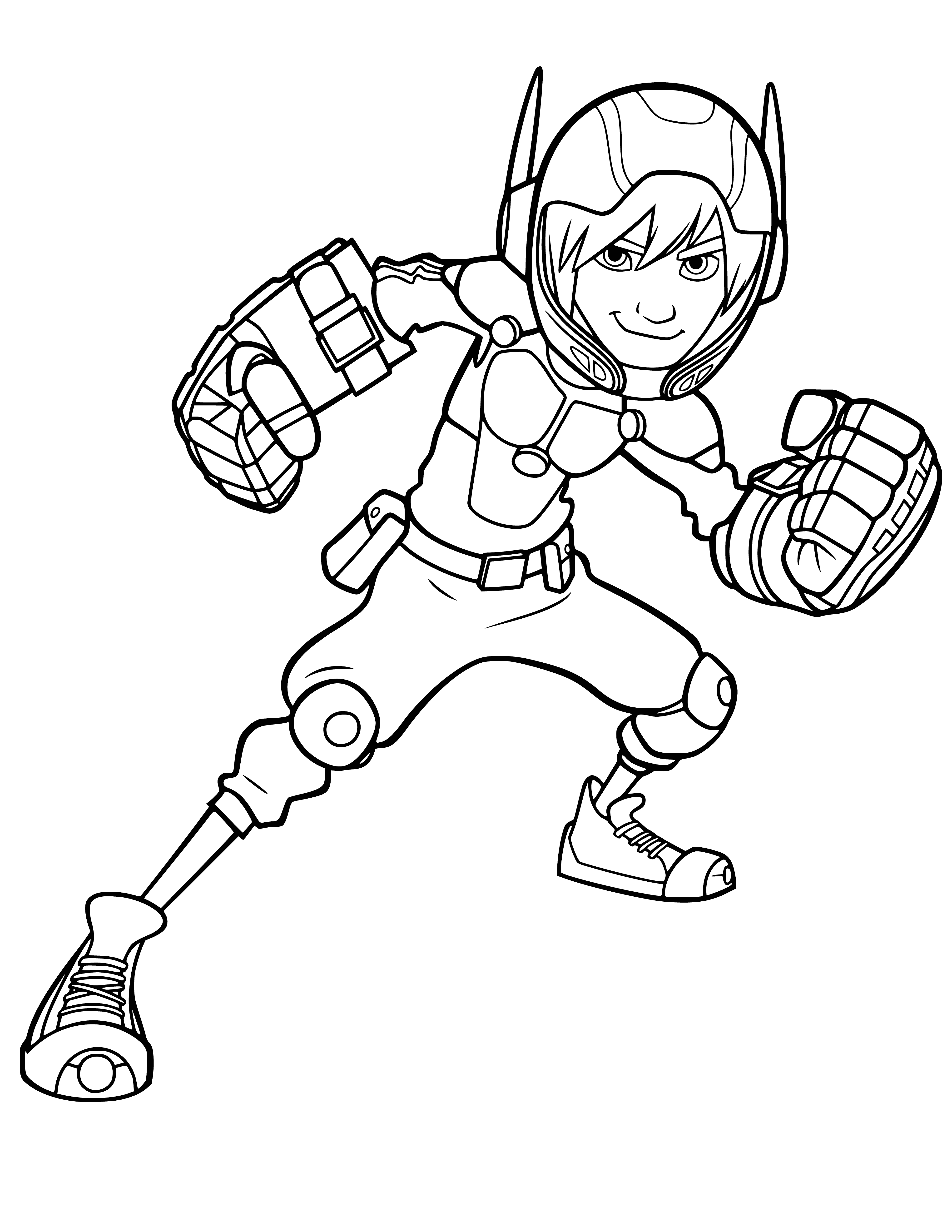 coloring page: Young boy with red/white hoodie and yellow '6' holds a large silver robot and has a black mask on his face.