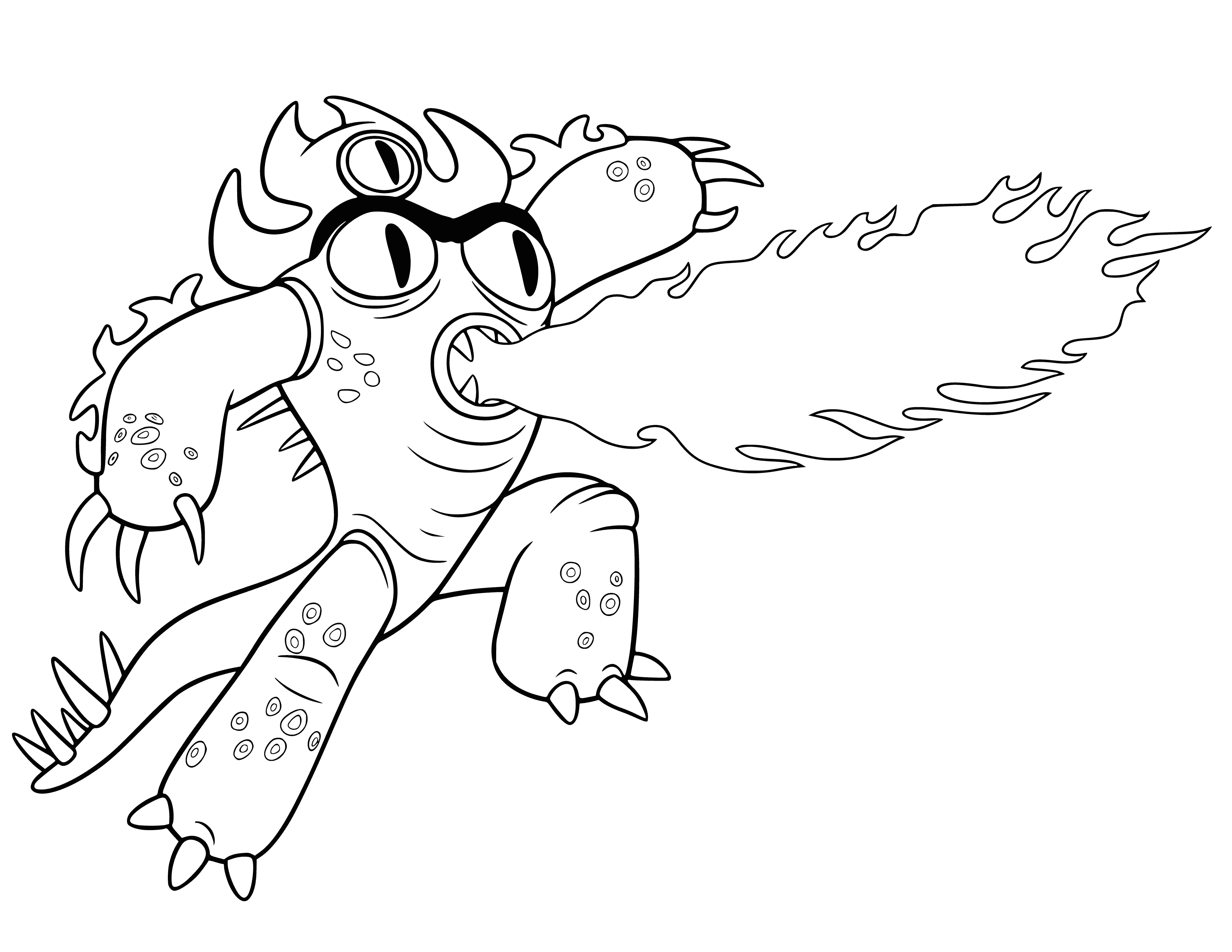 coloring page: Fierce Fredzilla rampages, smashing a car with its fists & knocking over a lamppost in a blue & white jumpsuit. Yellow eyes, sharp teeth, long snake-like tongue.