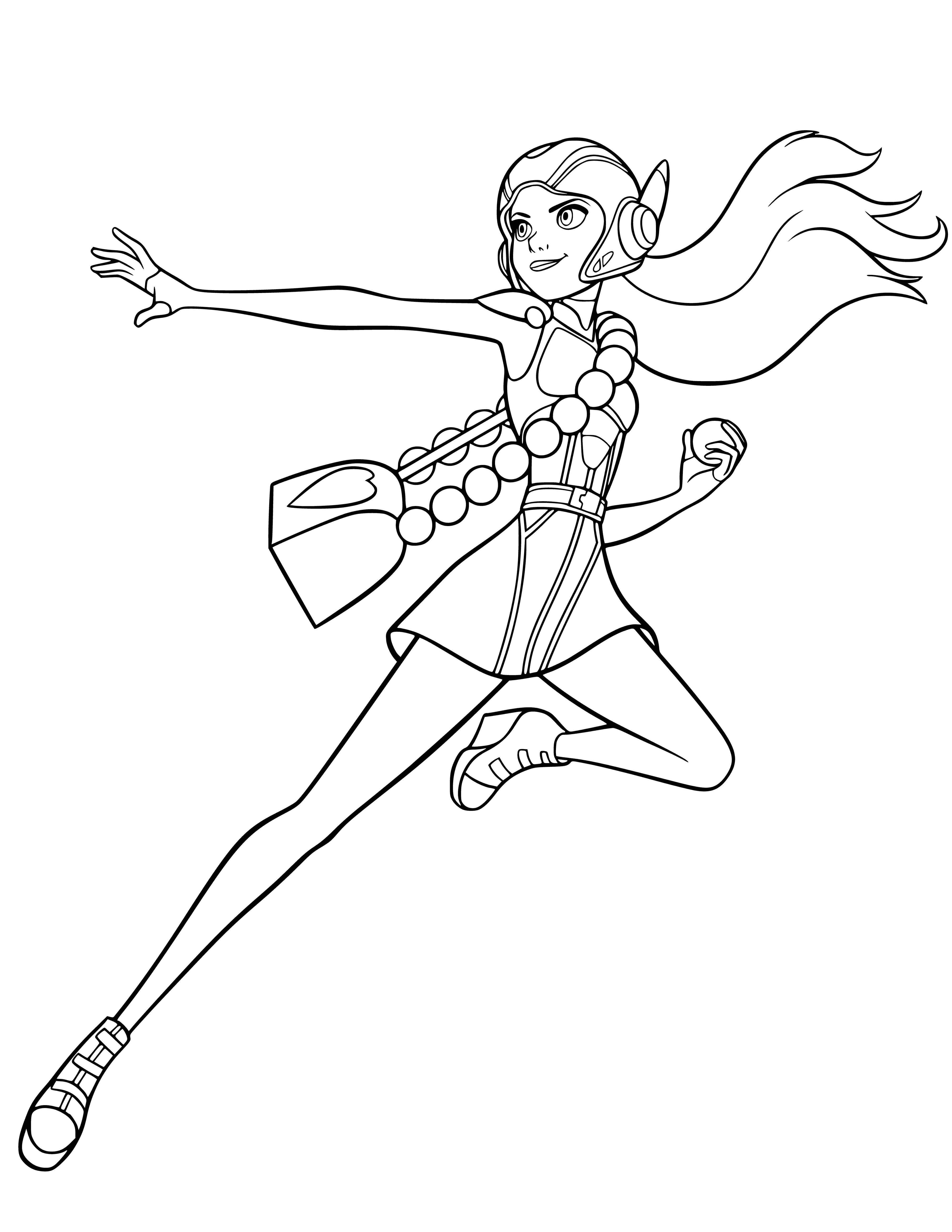 coloring page: Girl with black hair wearing a purple shirt, white skirt, black socks, and white shoes.