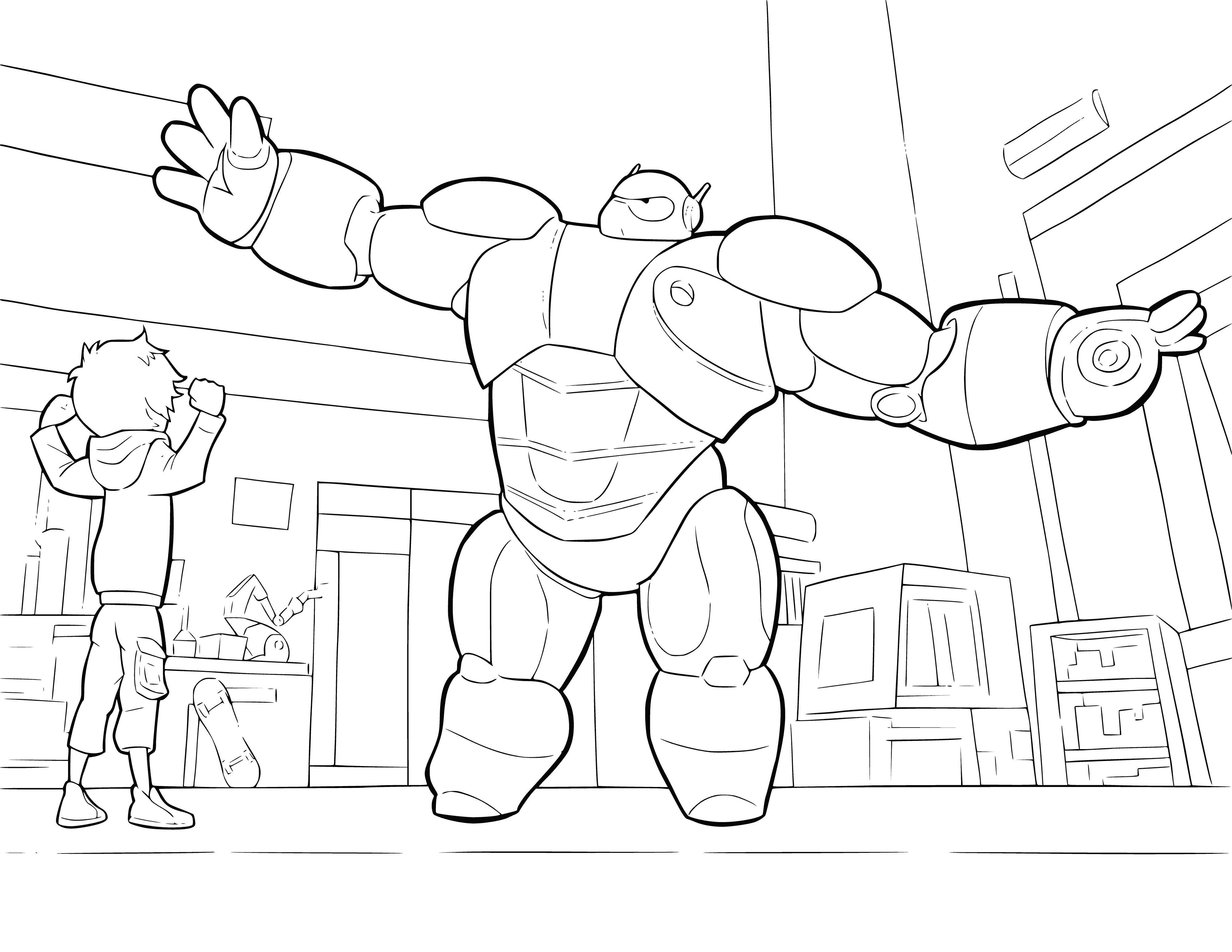 coloring page: Baymax is floating with fists clenched and cape flowing, ready to protect the city in the background. #BigHero6