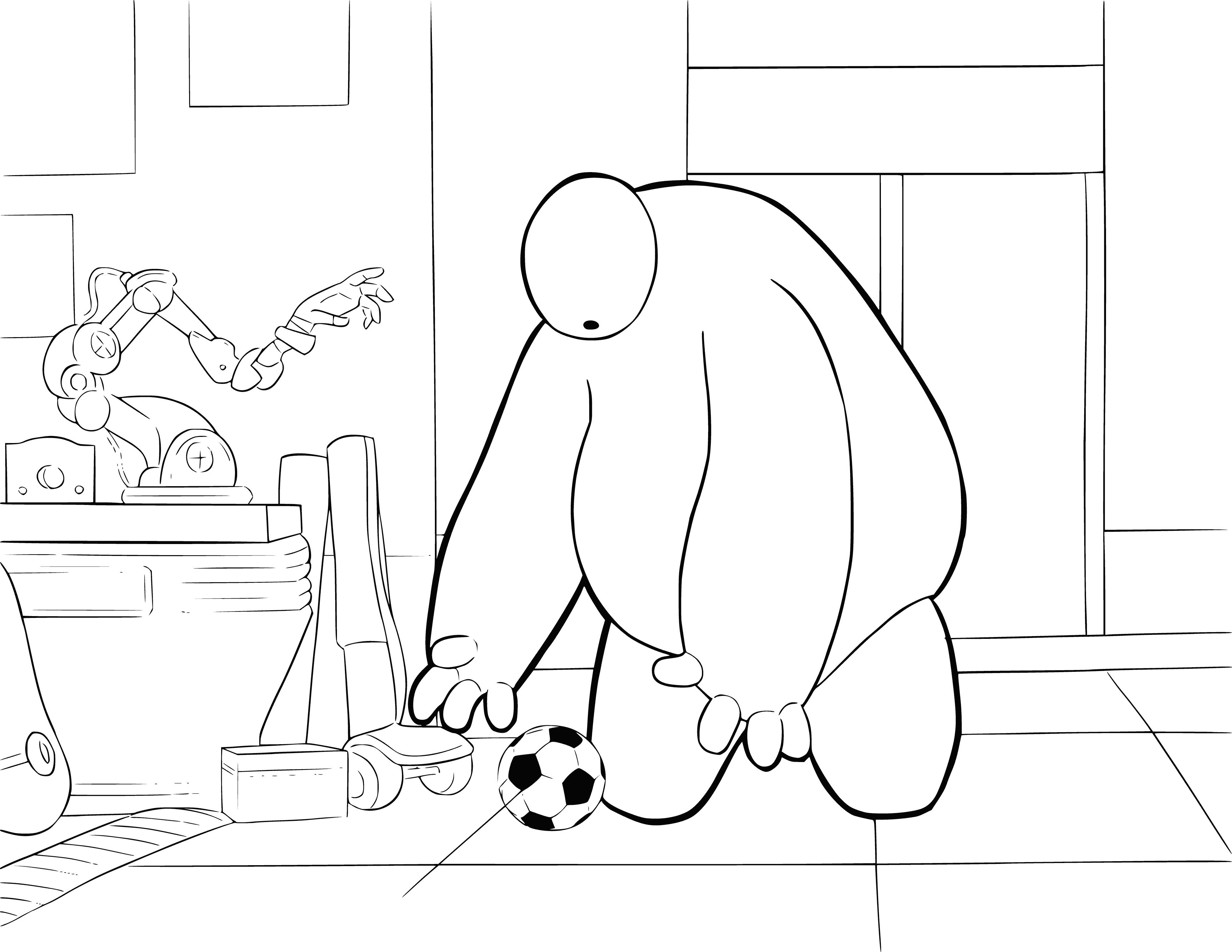 coloring page: White robot standing on checkerboard floor, left side has black table with white lamp, right side has white door w/ black doorknob.