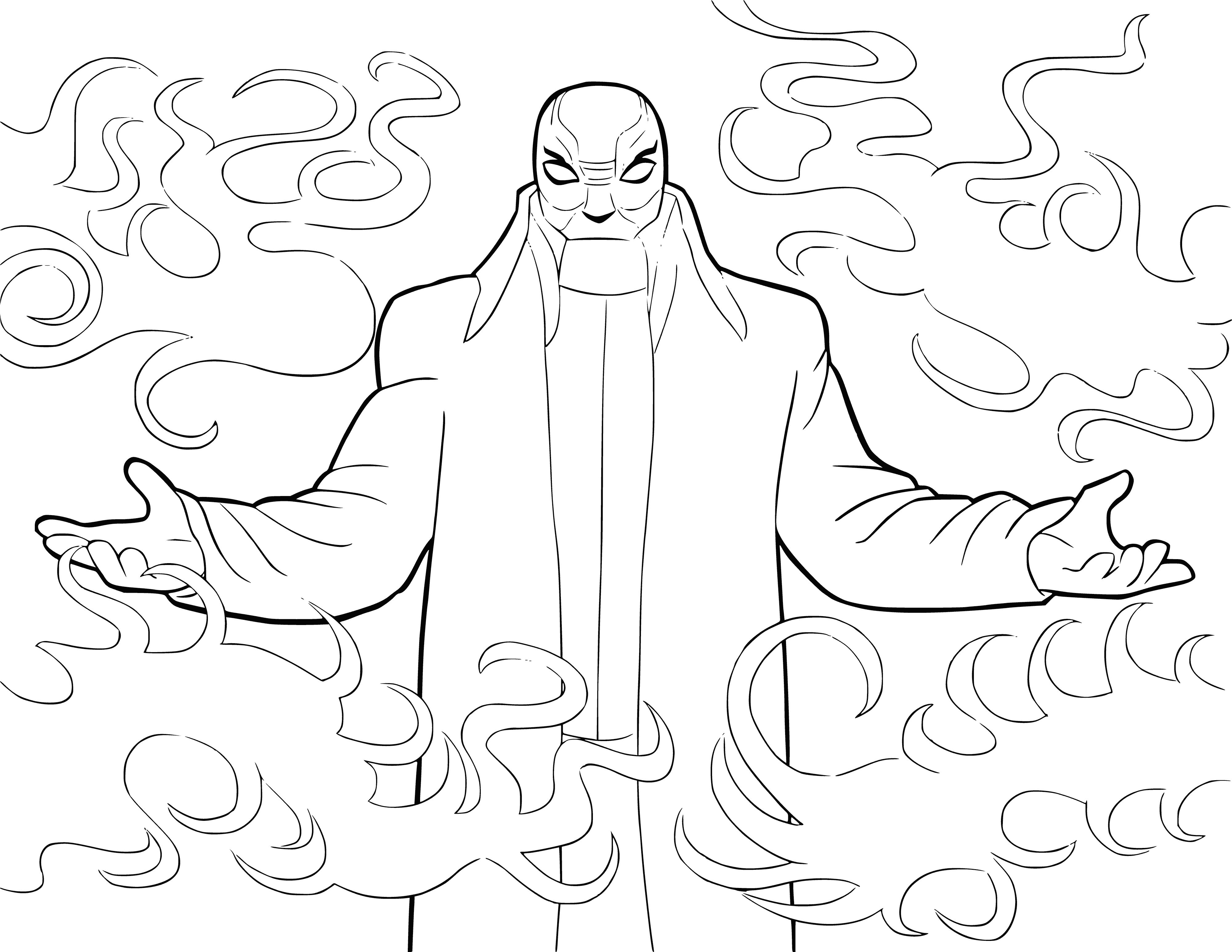 coloring page: Man with black clothes and cape stands in front of machine in coloring page.