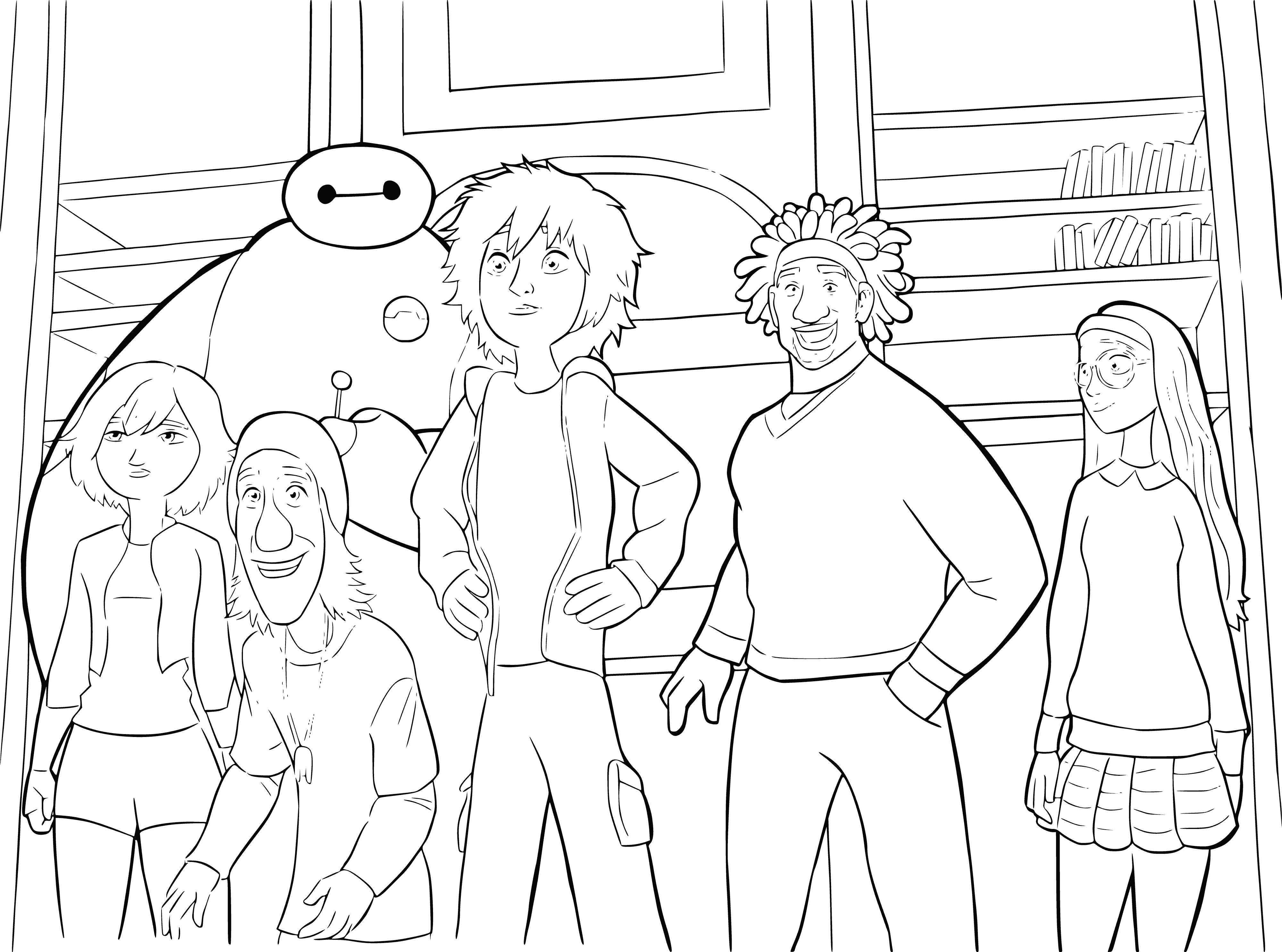 coloring page: A group of different-sized superheroes stand together on a city street looking up at something in the sky, wearing serious expressions.