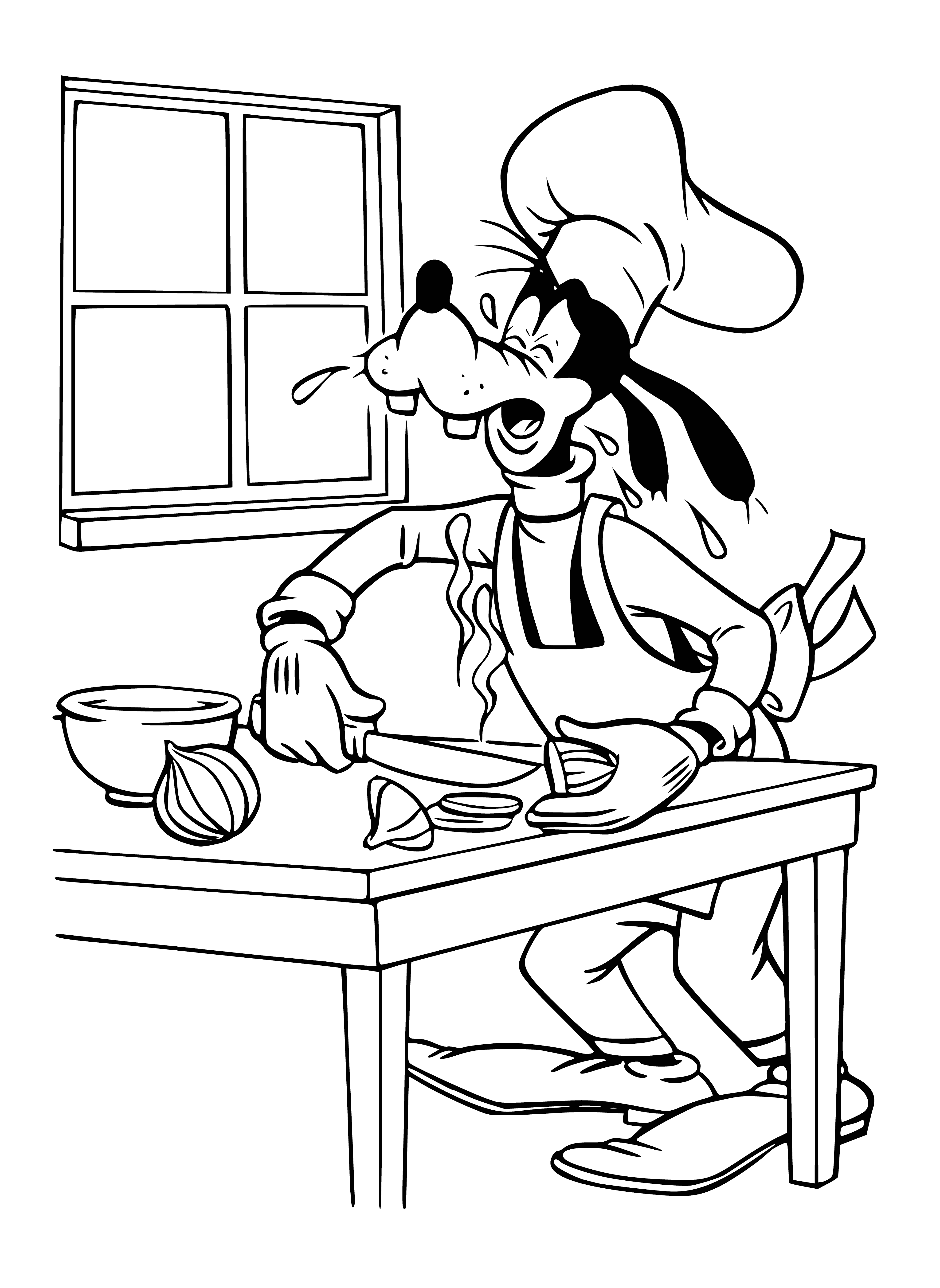 coloring page: Mickey Mouse is cutting an onion with a knife, holding it with one hand and a cutting board nearby.