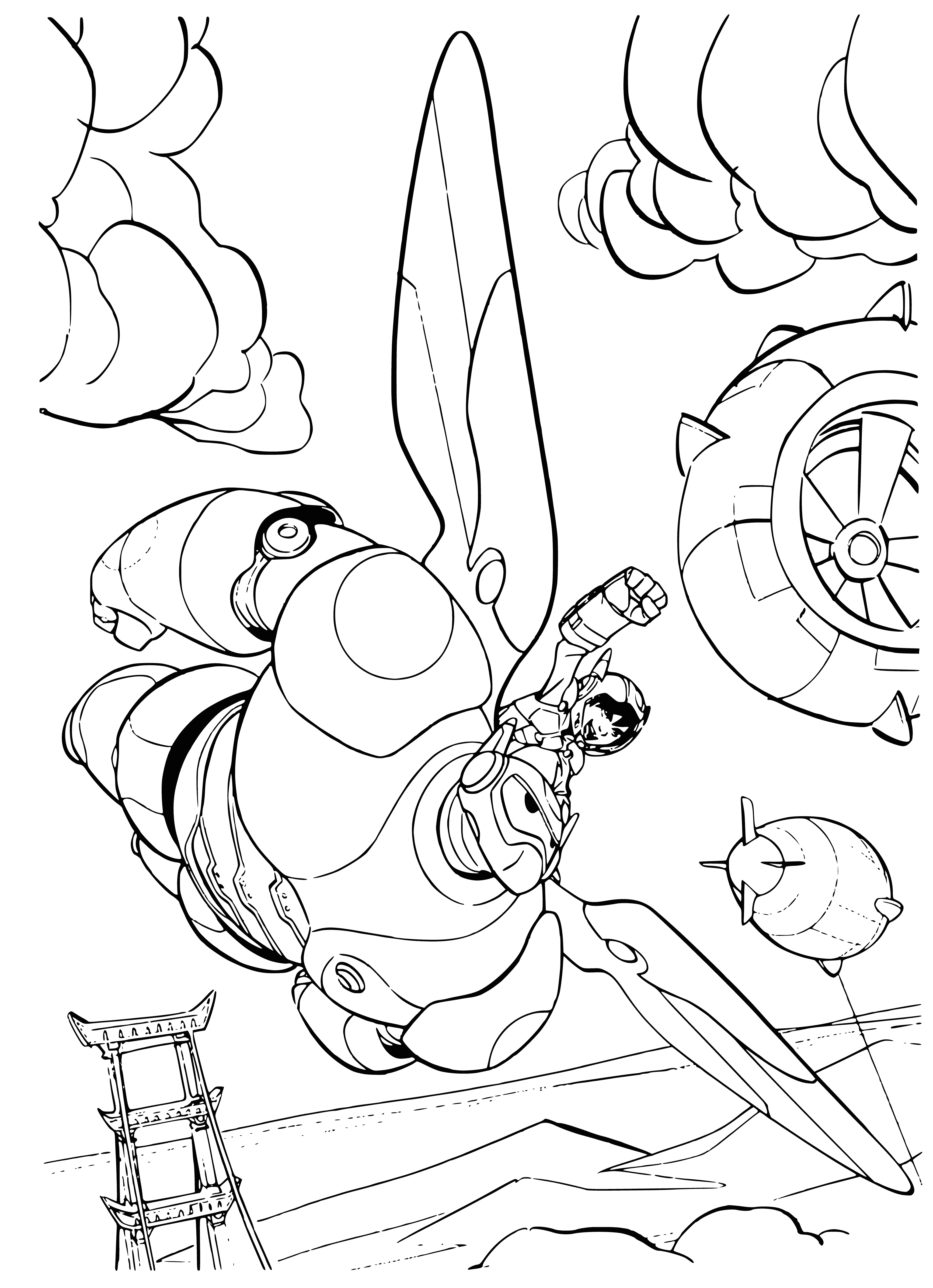coloring page: Hiro and Baymax save citizens from a burning building with jetpacks.