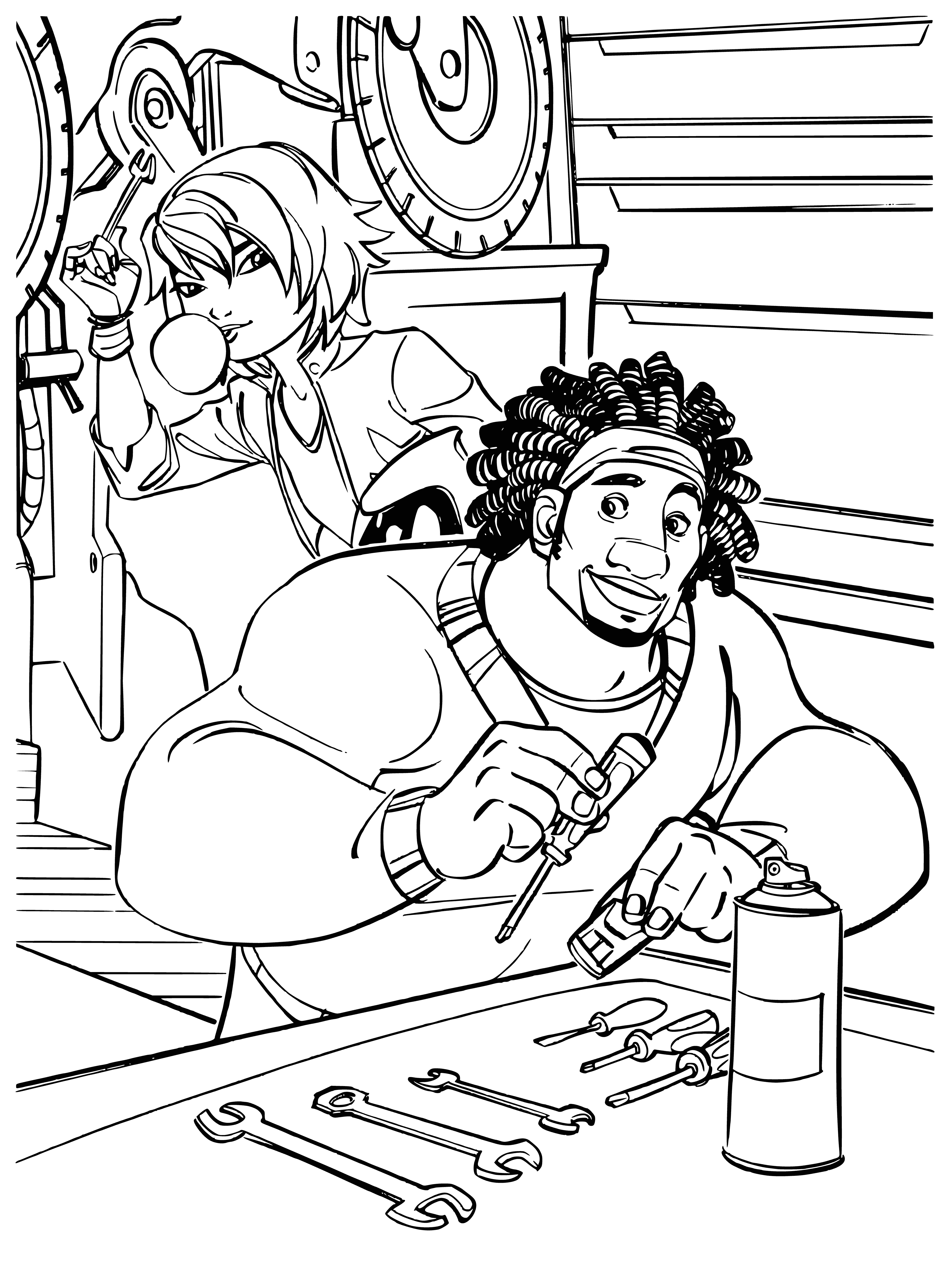 coloring page: Two youngsters with green & black hair, wearing red & white uniforms, holding a sword & fan, looking off into the distance. #ColoringPage
