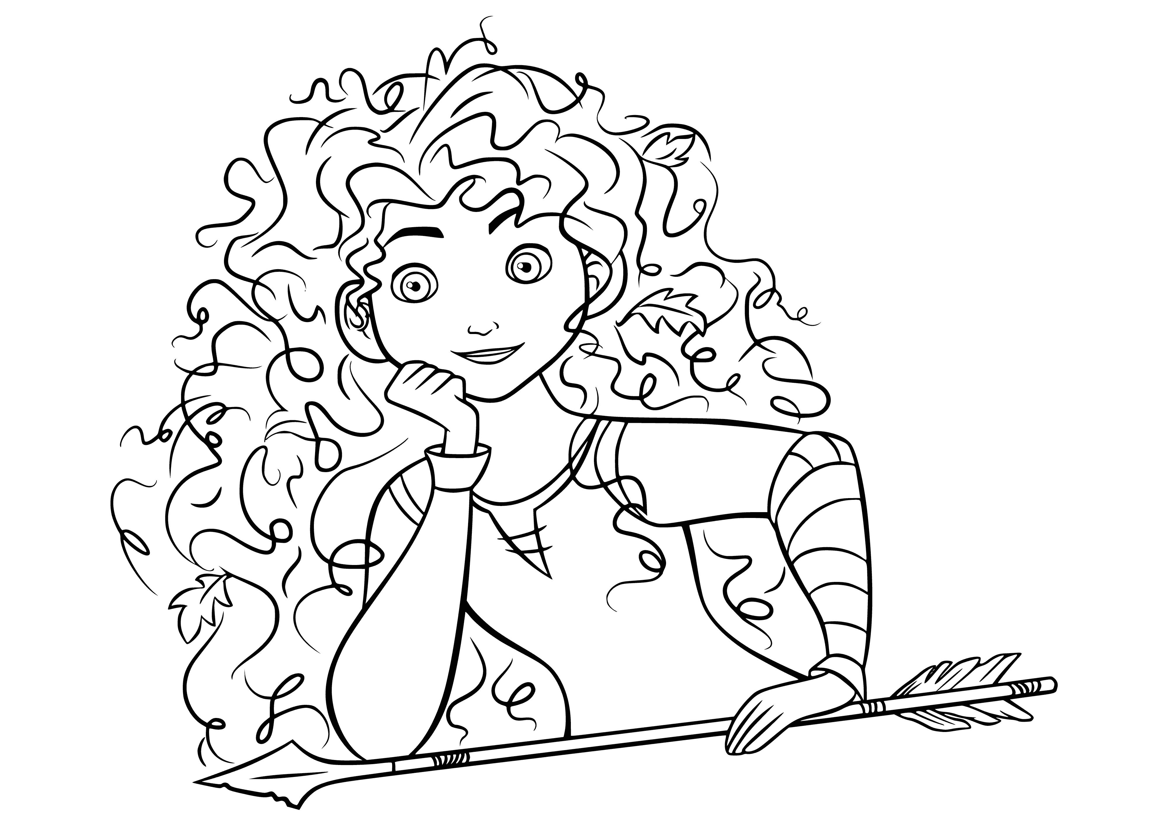 coloring page: Brave Merida in blue dress, holds an arrow with bow in hand, standing in a wooded forest. #DisneyPrincess