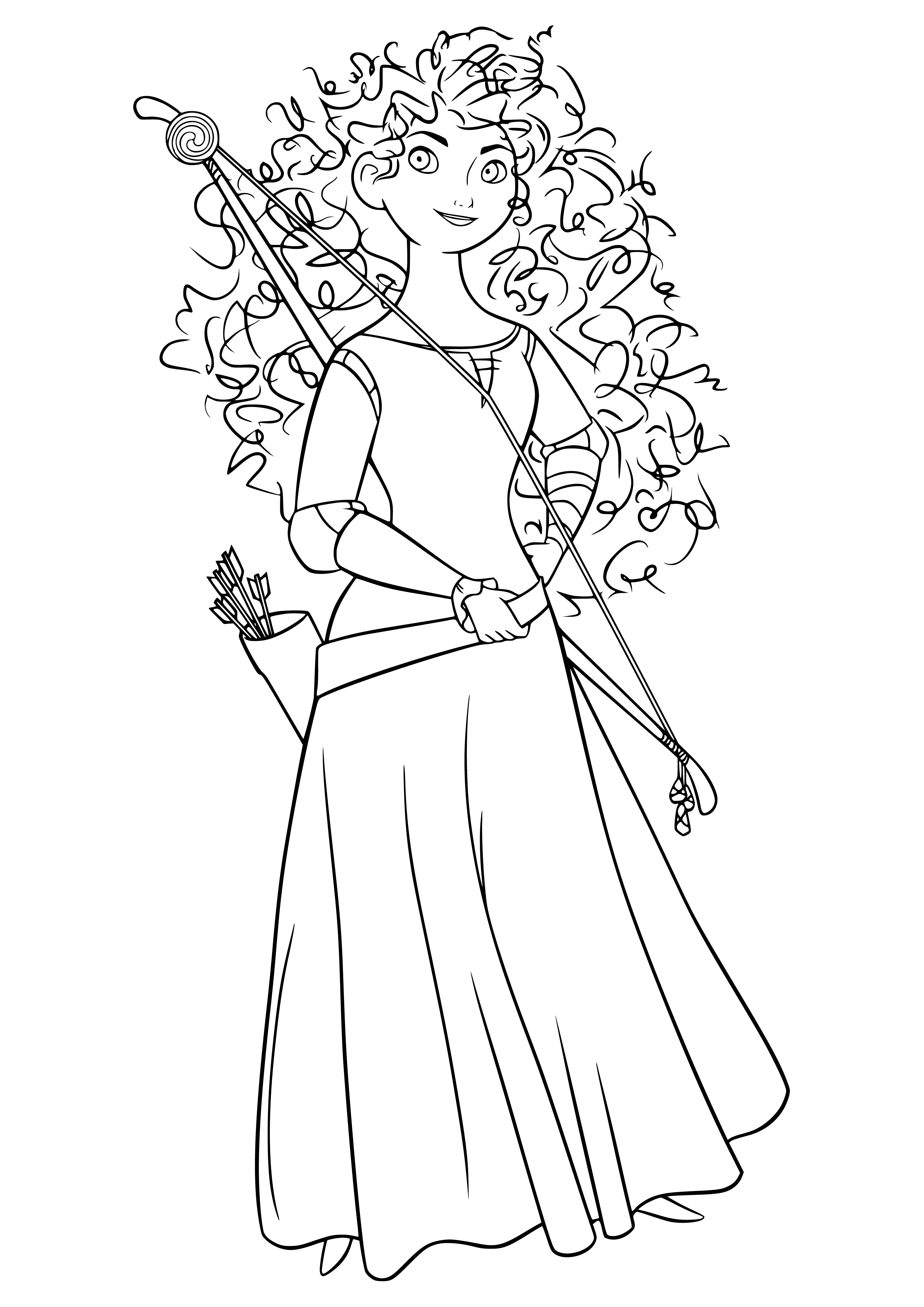 coloring page: Brave daughter of Scotland Merida dons green dress w/blue belt, bow & quiver of arrows, sword, ready to use her courage.
