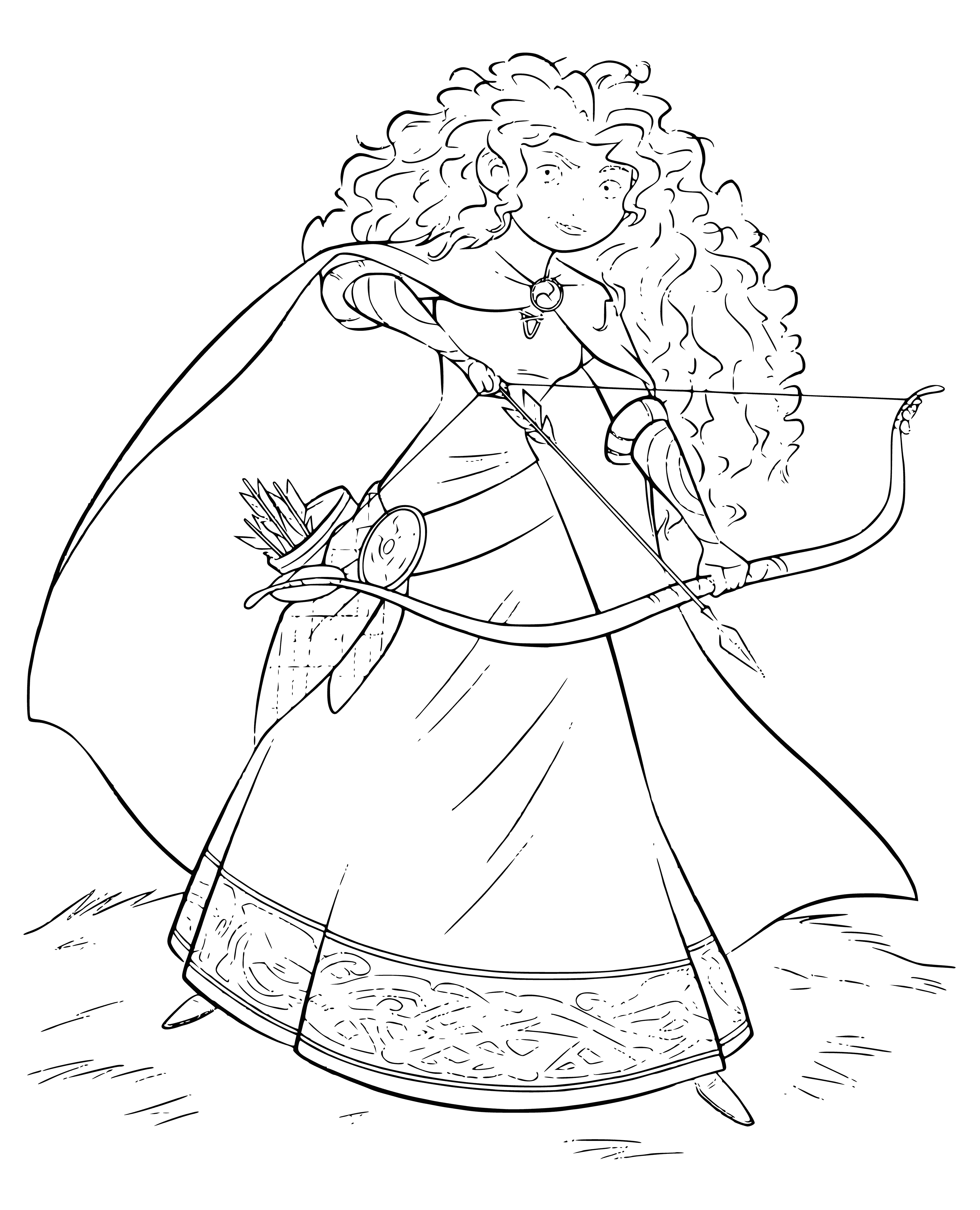 coloring page: Girl in forest w/red hair, light green dress &bow in hand. Quiver of arrows on her right shoulder, &brown boots. Ready for adventure!