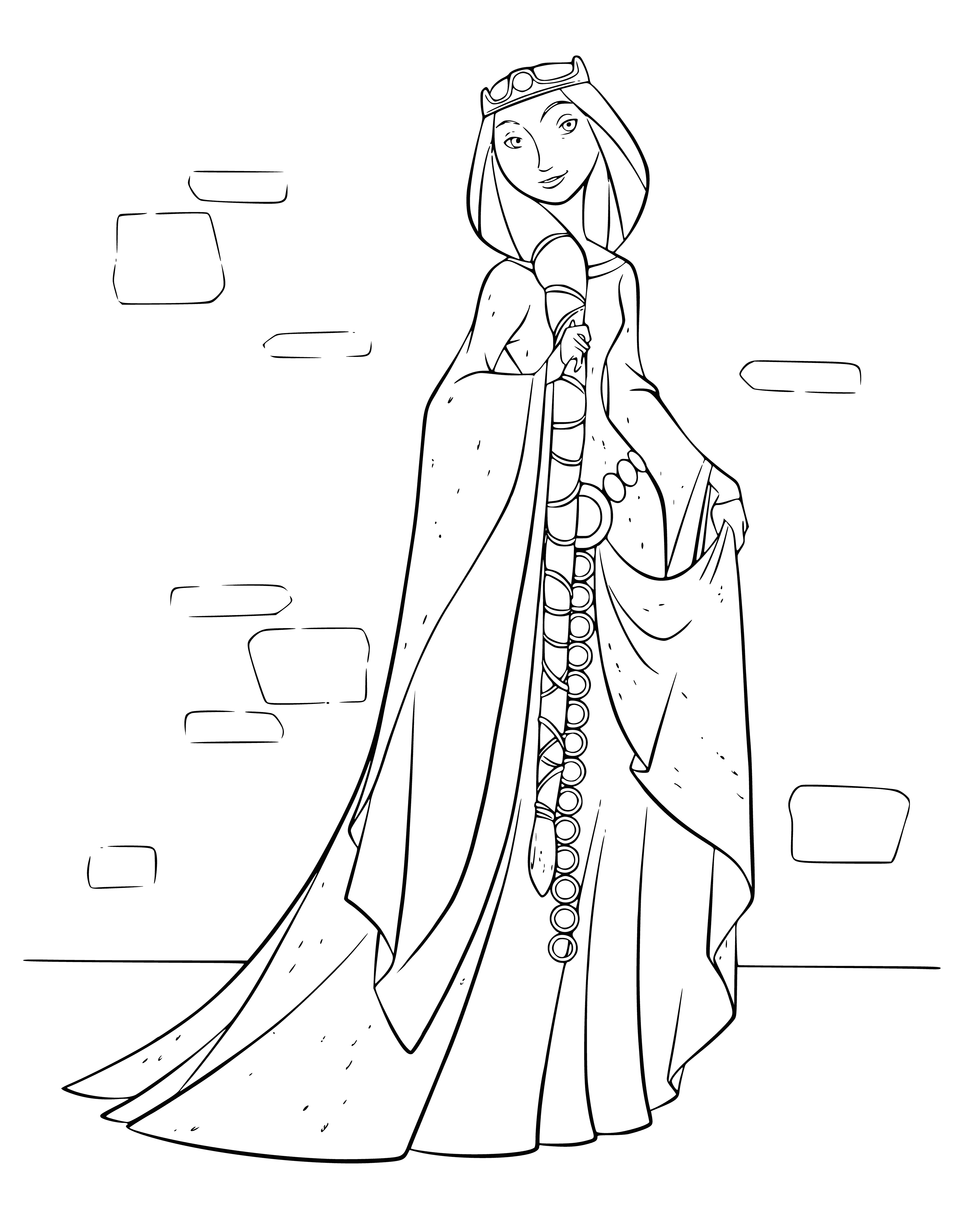 coloring page: Regal queen in ornate dress on coloring page with castle in the background & cloudy sky.