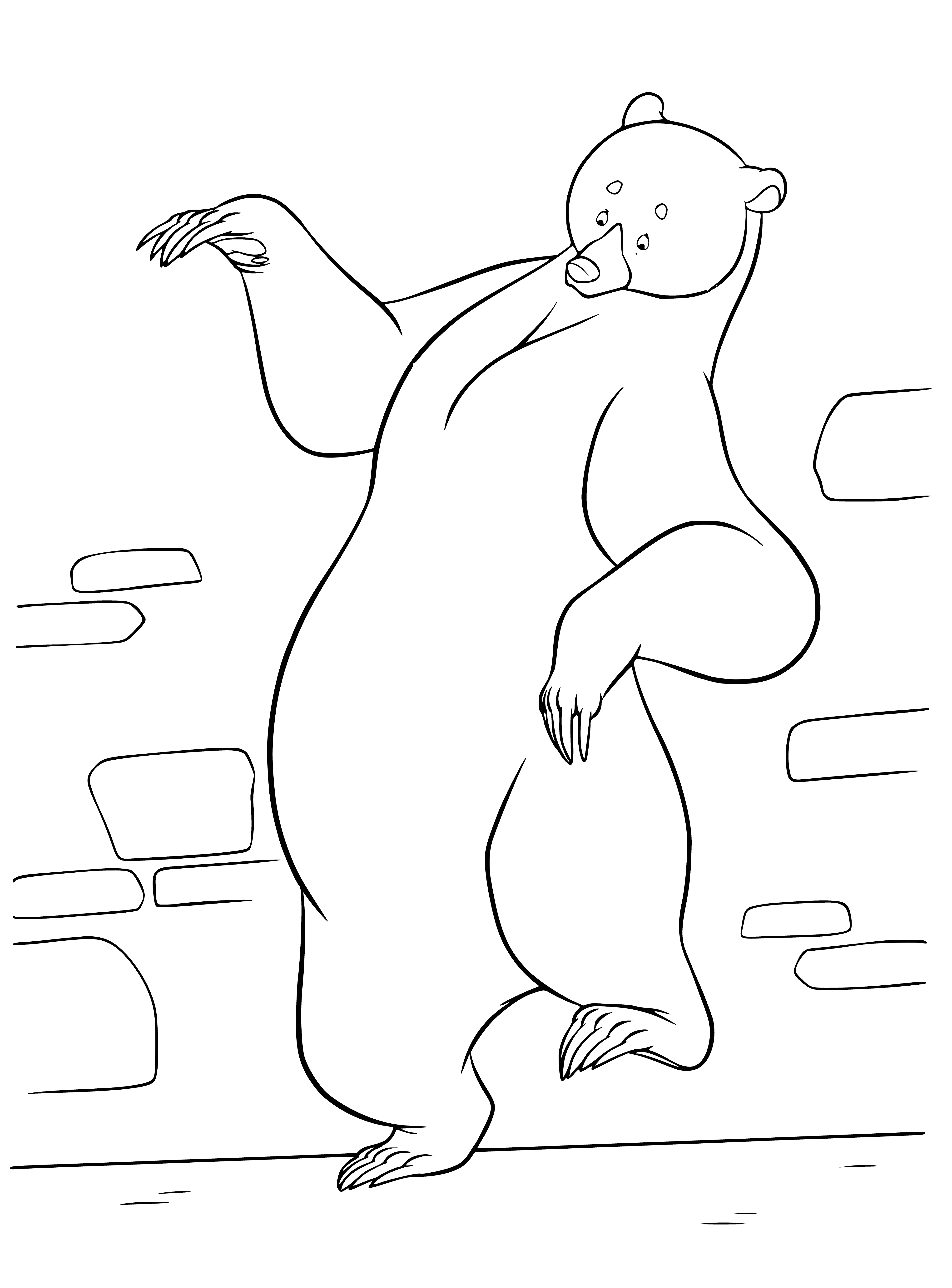 coloring page: A fierce brown bear stands in front of a snow-covered mountain, with sharp teeth and long claws. It looks formidable and forbidding.