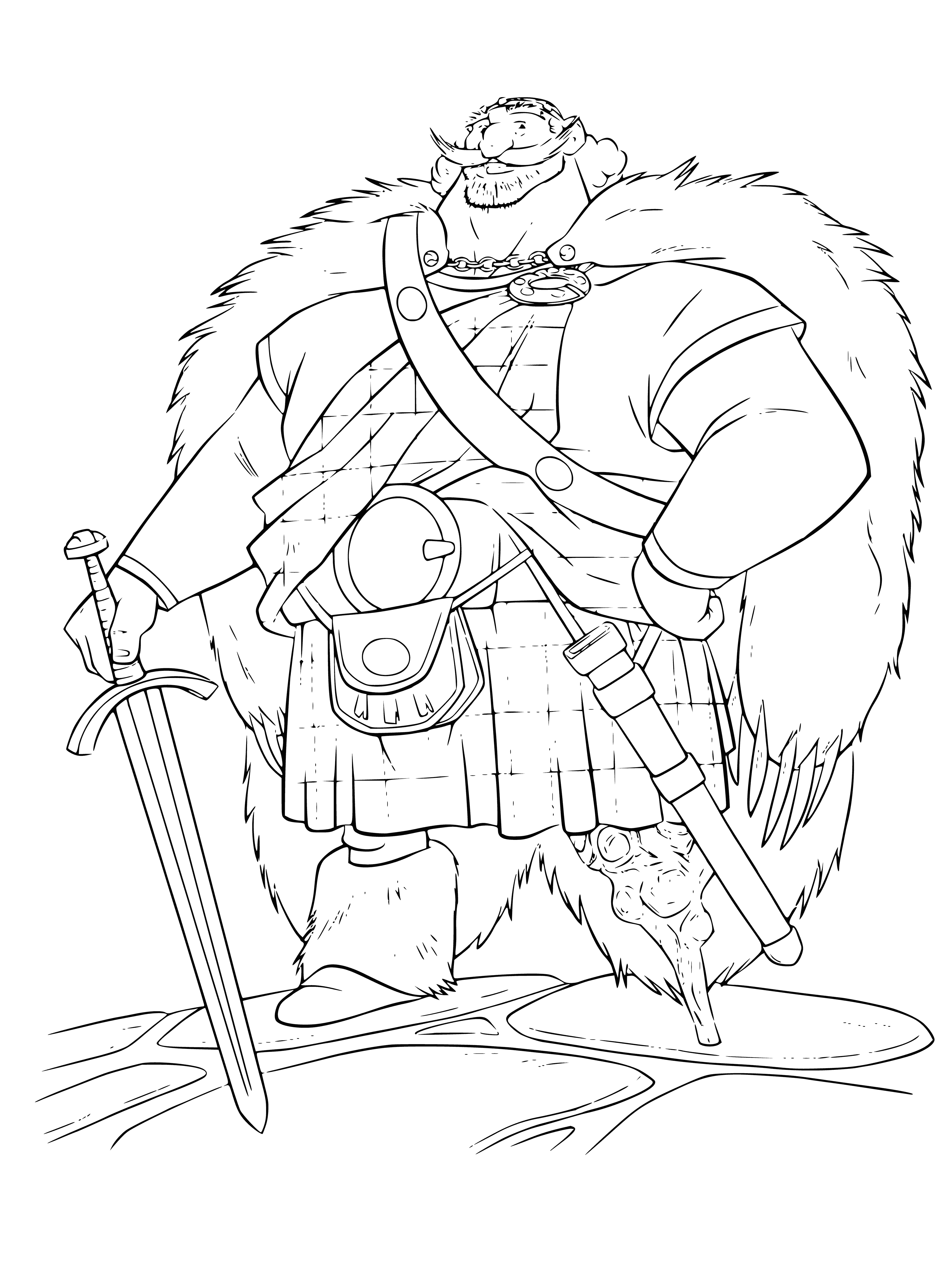 coloring page: Powerful leader with red cape, crown, and weapons leads brave soldiers into battle. Courageous pride fills the air. #hero #legend #army