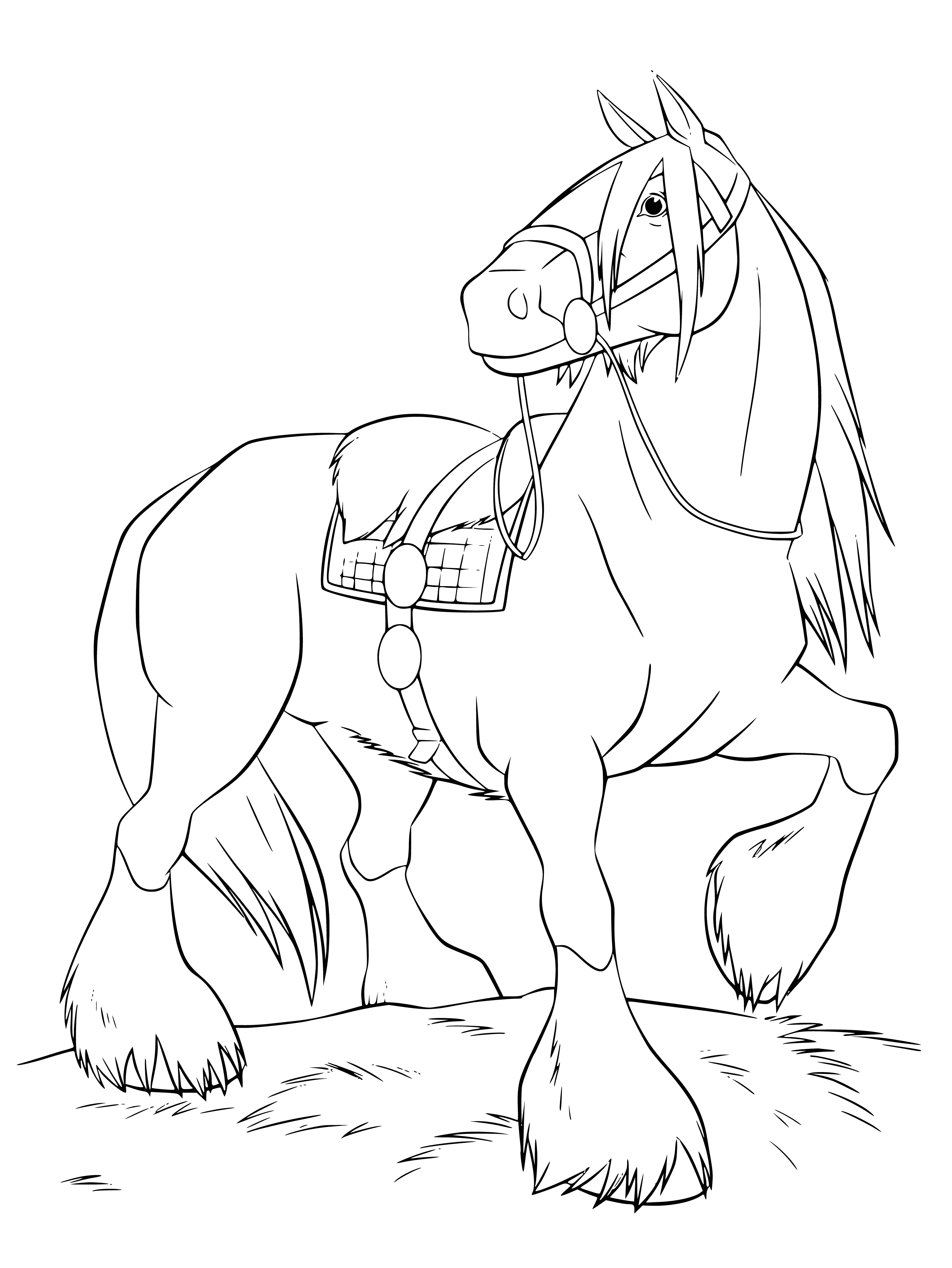 coloring page: A large dark brown horse stands in a pasture, looking at the camera, with a thick fur coat, long mane, and tail. #horse #art #coloring #coloring page