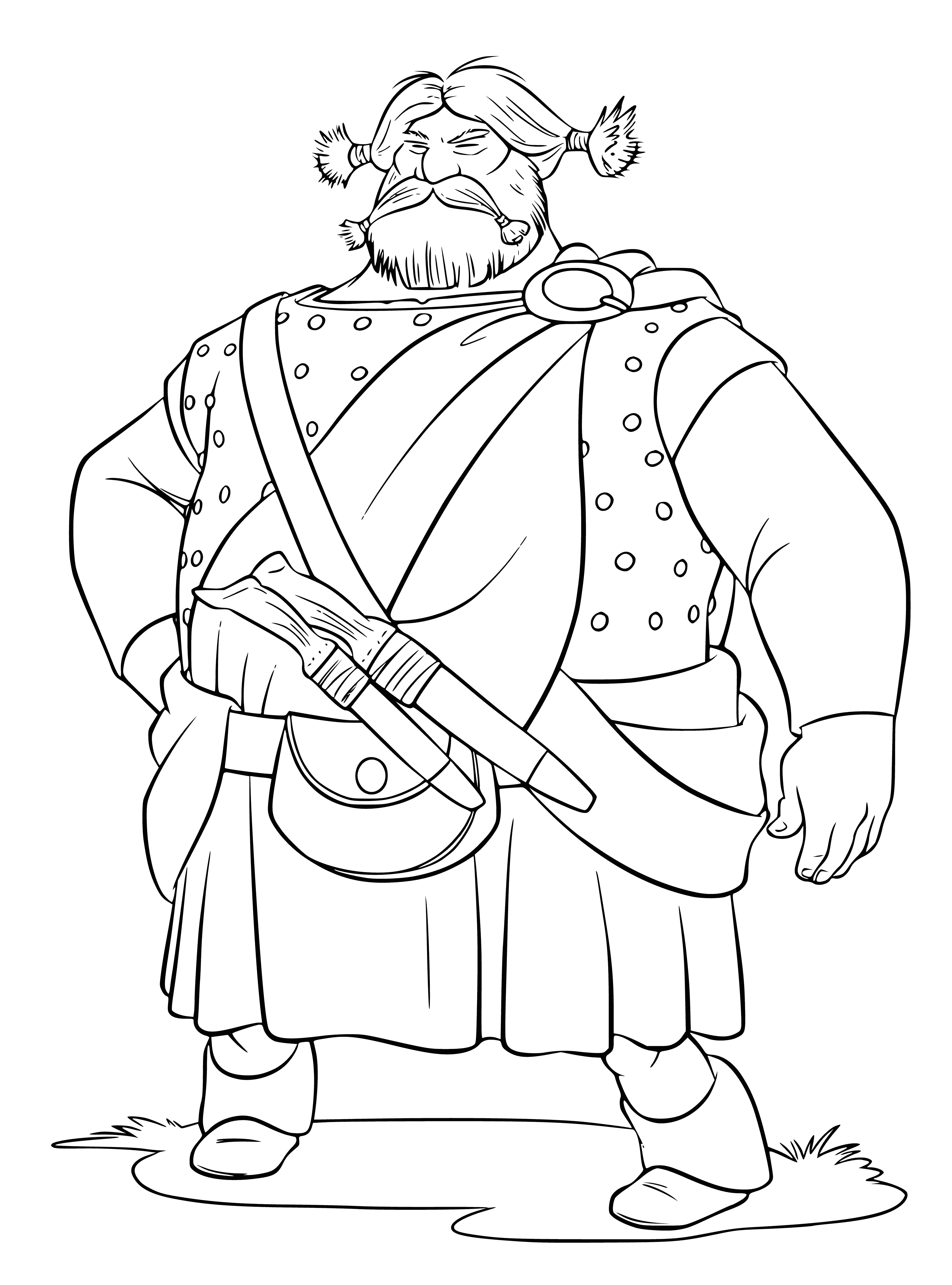 coloring page: Man in blue tunic & child in field near forest, he has sword & sheath. Boy has dark hair, man has green eyes & red hair.