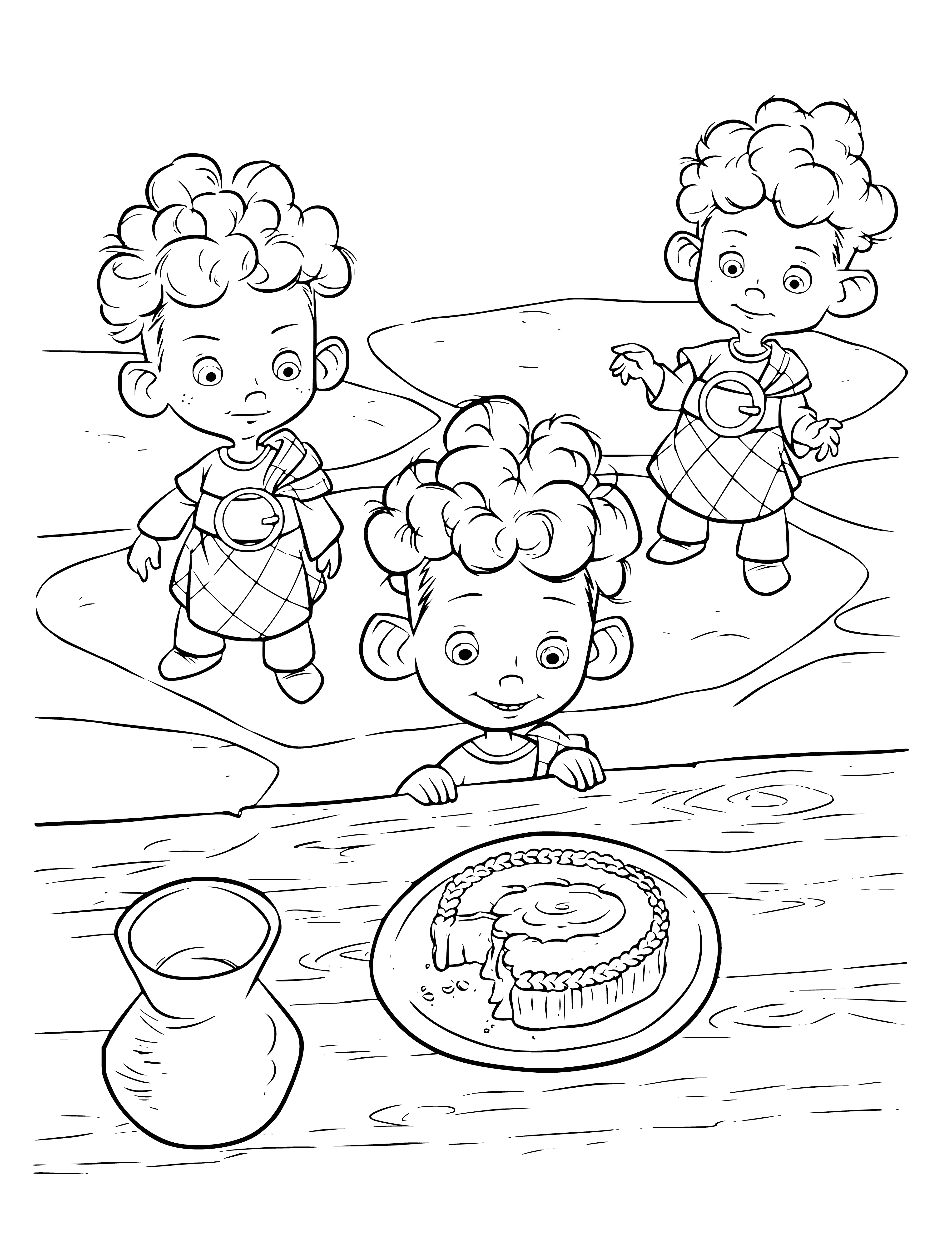 coloring page: 3 kids on a bench in a park wearing orange & holding a daisy, sunflower, & monarch butterfly.