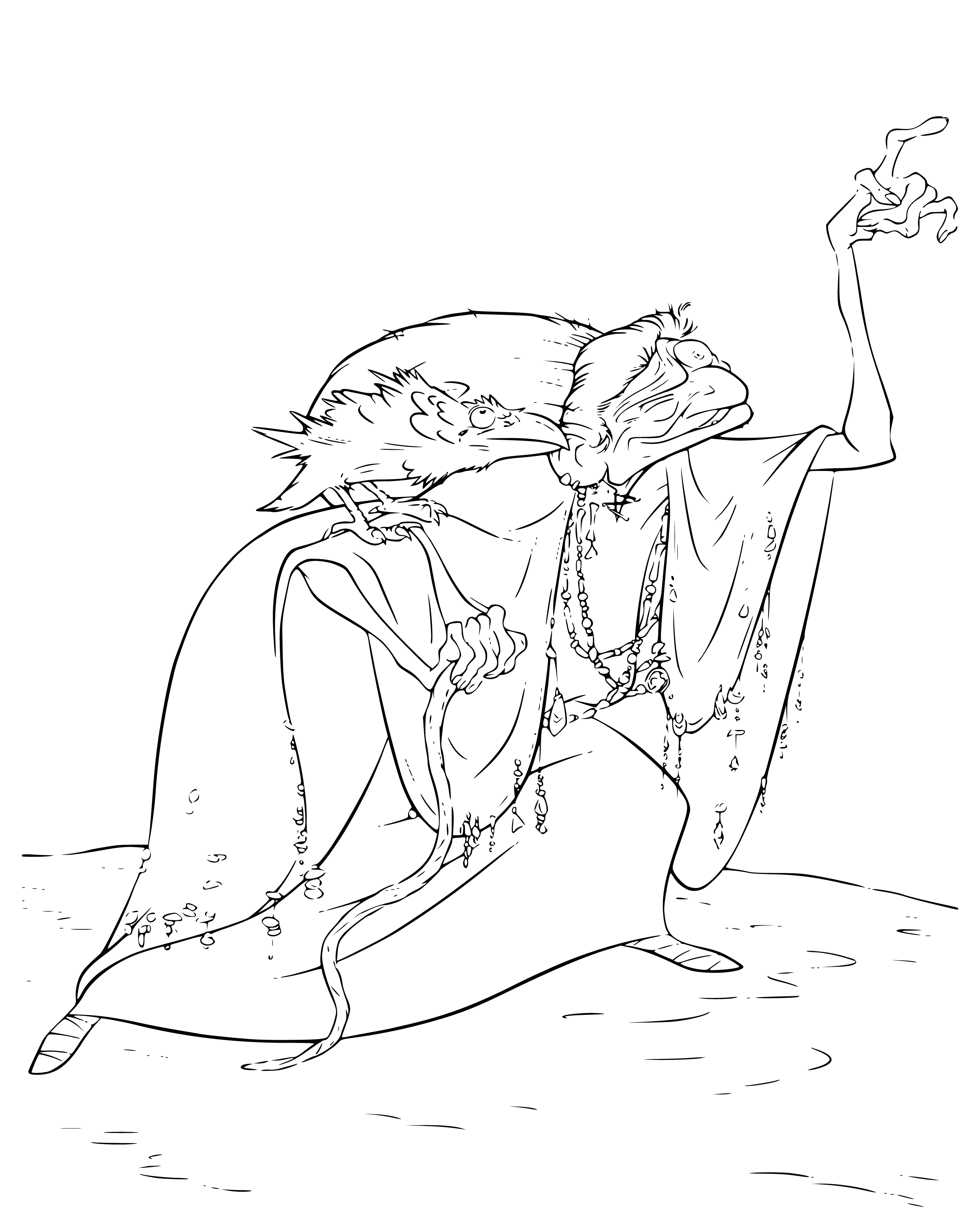 coloring page: Witch and her raven ready for anything in dark forest; she cloaked in green, bird perched on her shoulder - bright eyes and beak like a grin.