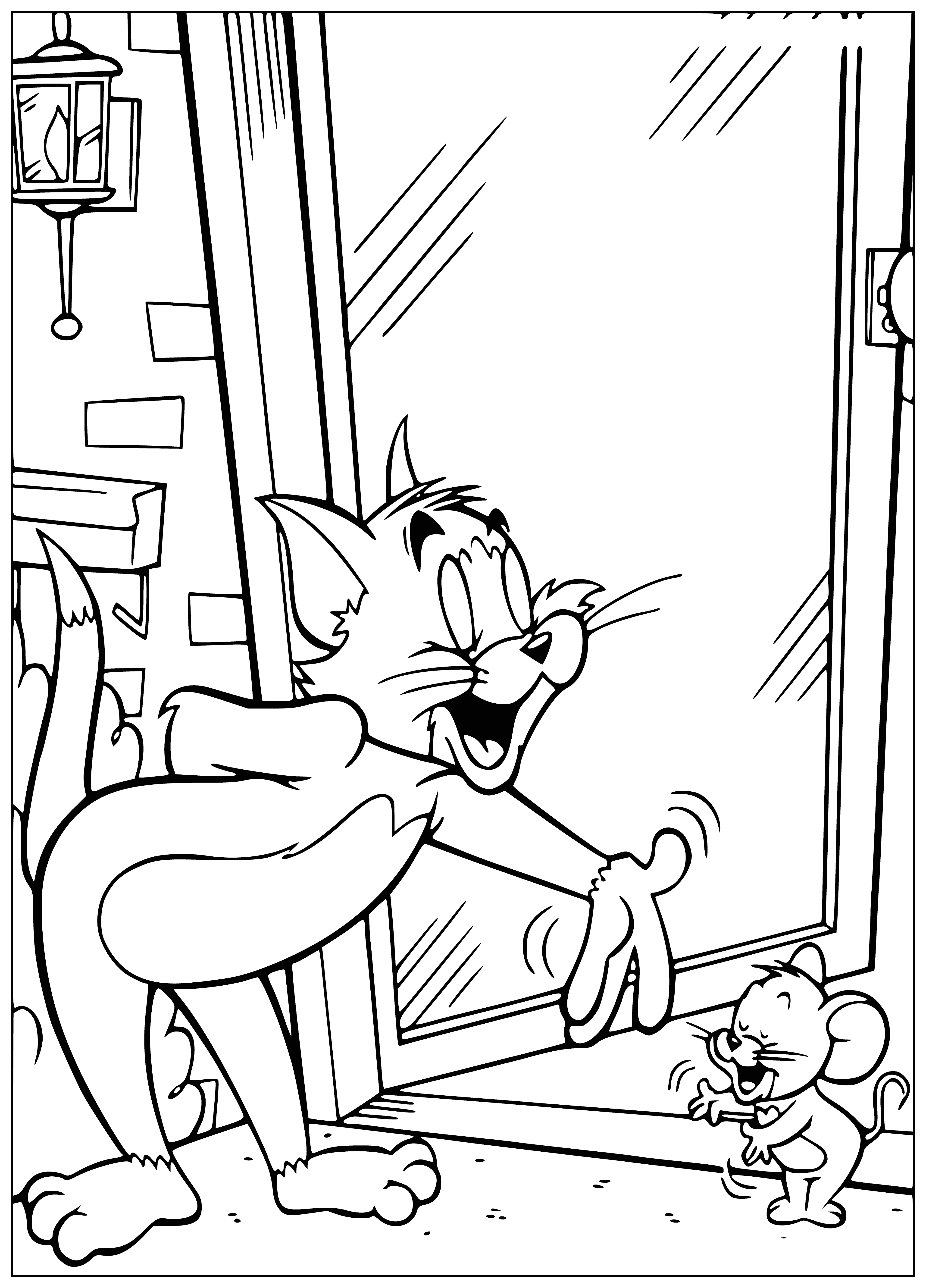coloring page: Two mice, one black and white and one brown, are running away from a black cat who is chasing them.