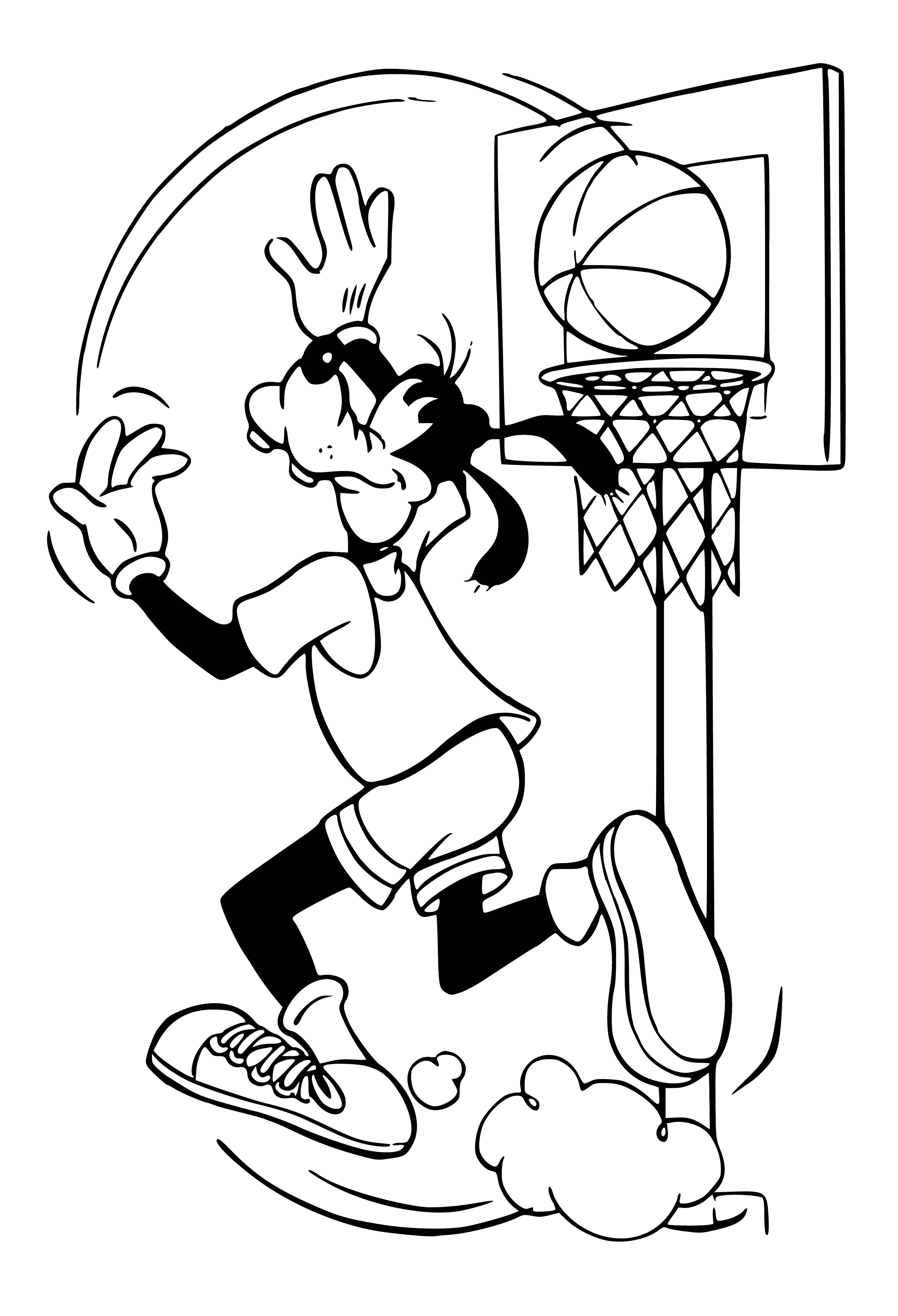 coloring page: Mickey, Donald and Goofy playing basketball in clothes too big, having fun and smiling. #Disney