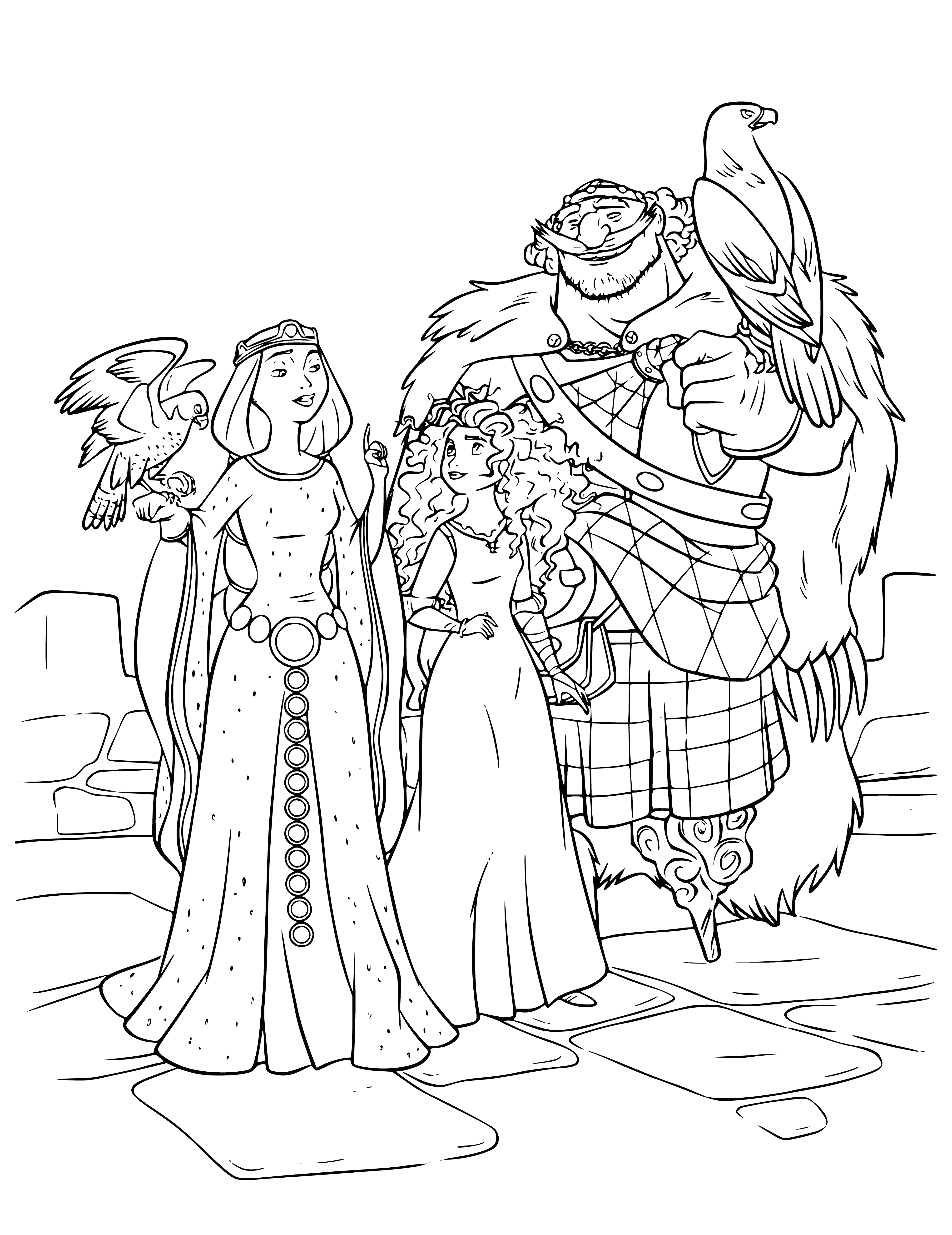 coloring page: Queen Elinor and Princess Merida in teal and gold and King Fergus in a kilt red cape and small crown stand regally together. #family