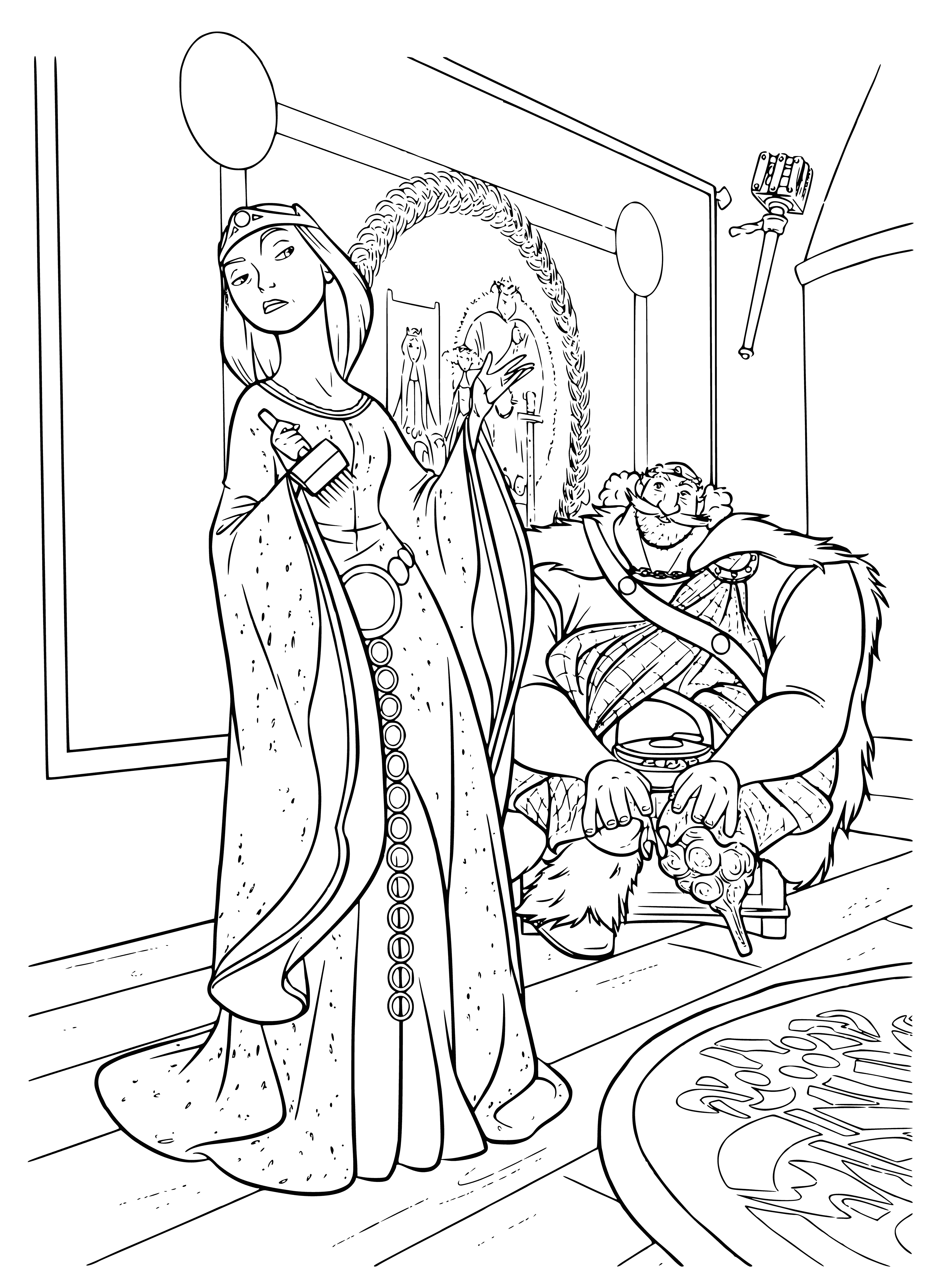 coloring page: King & Queen sit at opposite sides of a large table, arms crossed & fists clenched. The King scowling, Queen angry & upset.