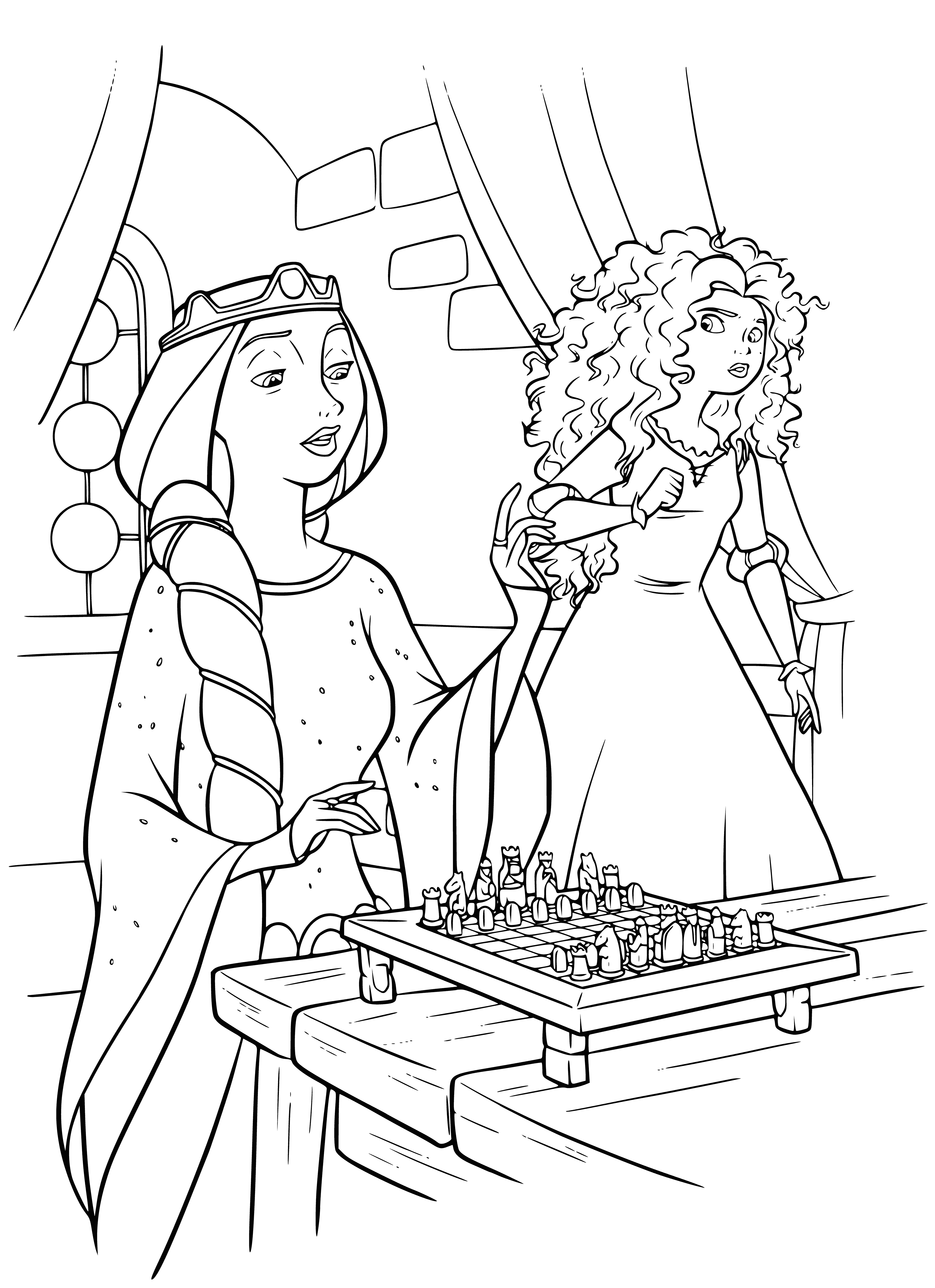 coloring page: Two players battle for control of a chess board in an intense game of strategy.