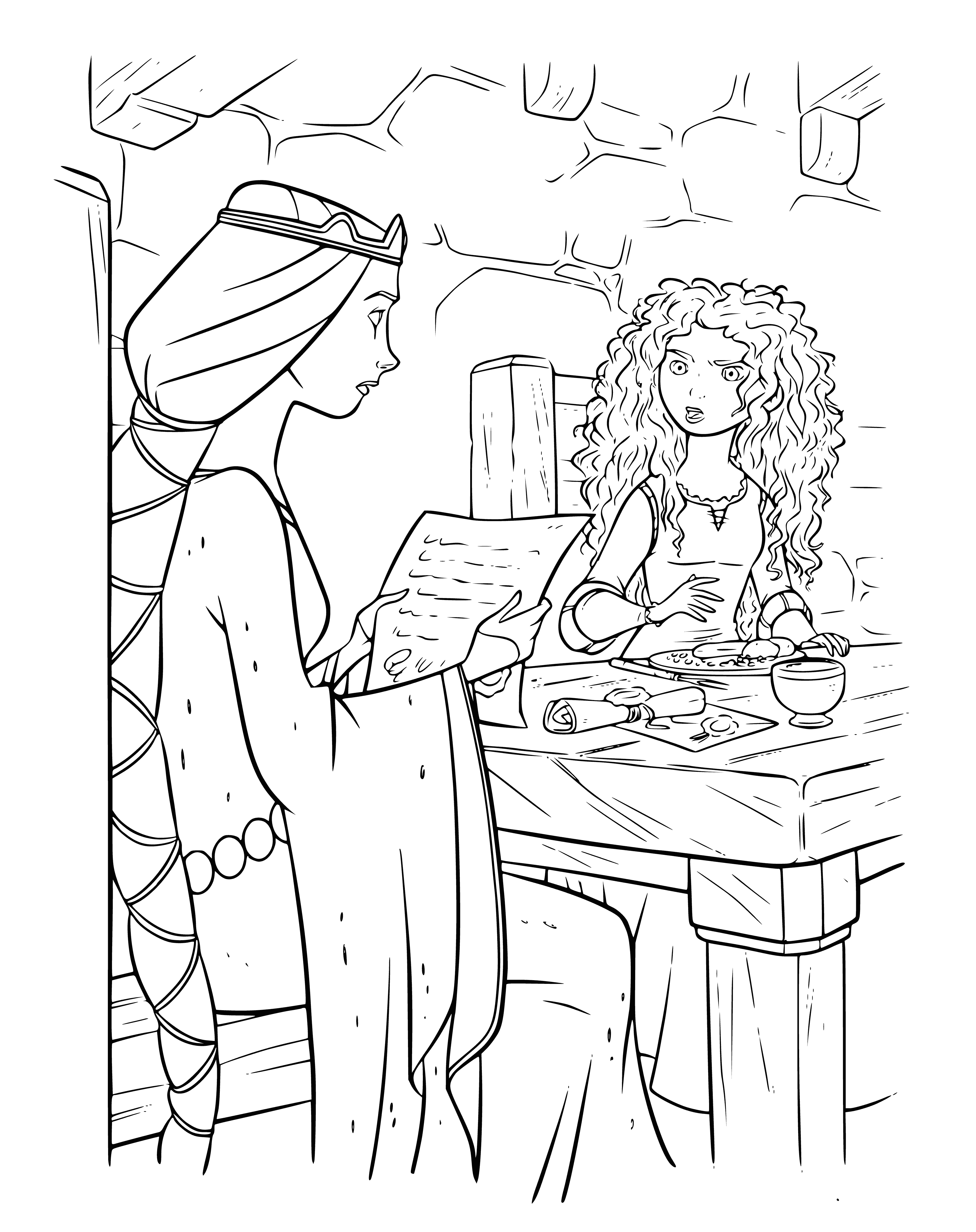 coloring page: Queen deep in thought, holding letter; Princess Merida awaiting news in front of fireplace burning logs.