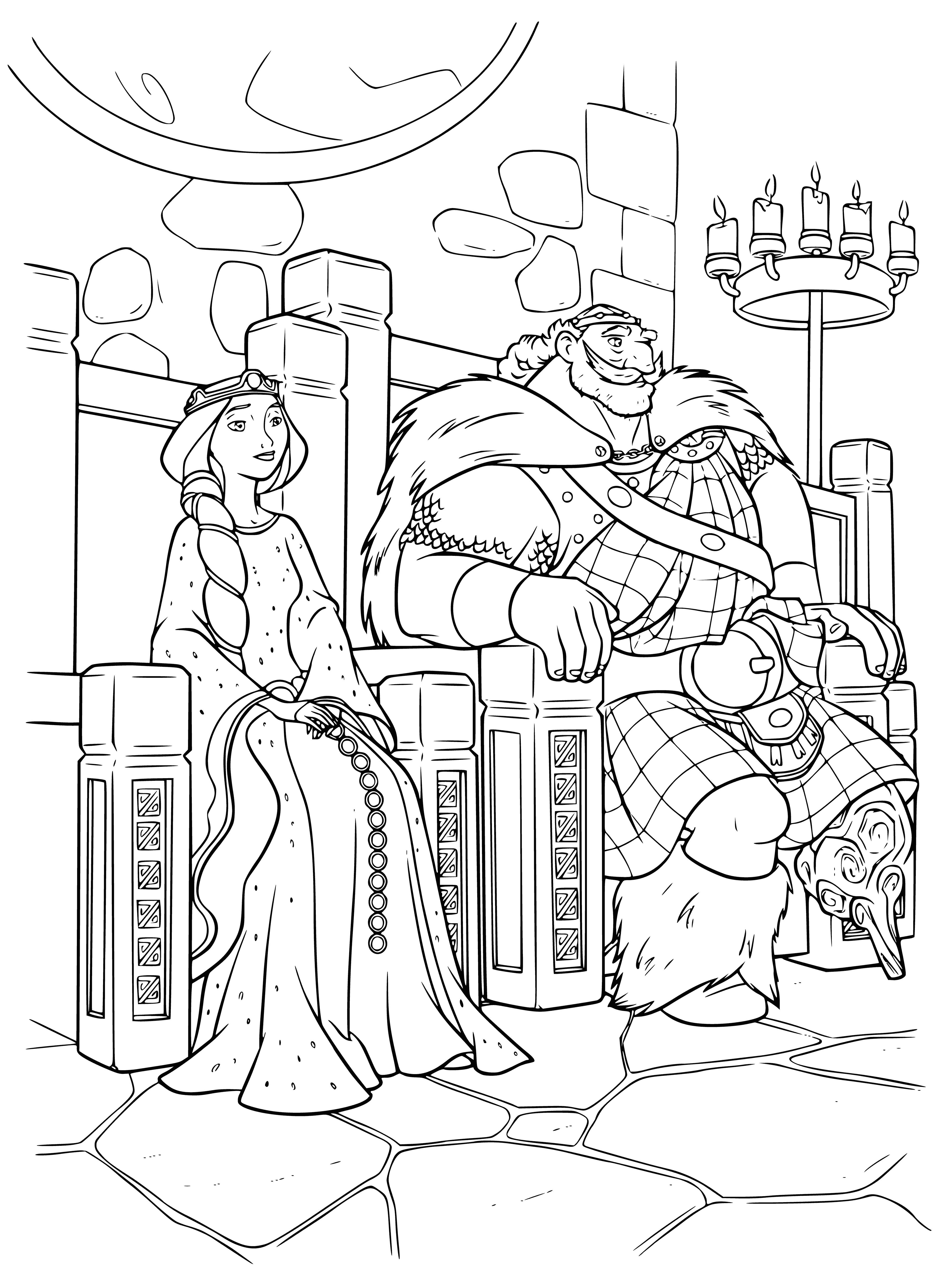 coloring page: King & queen on thrones, happy & content surrounded by court of jester & musician on a coloring page.