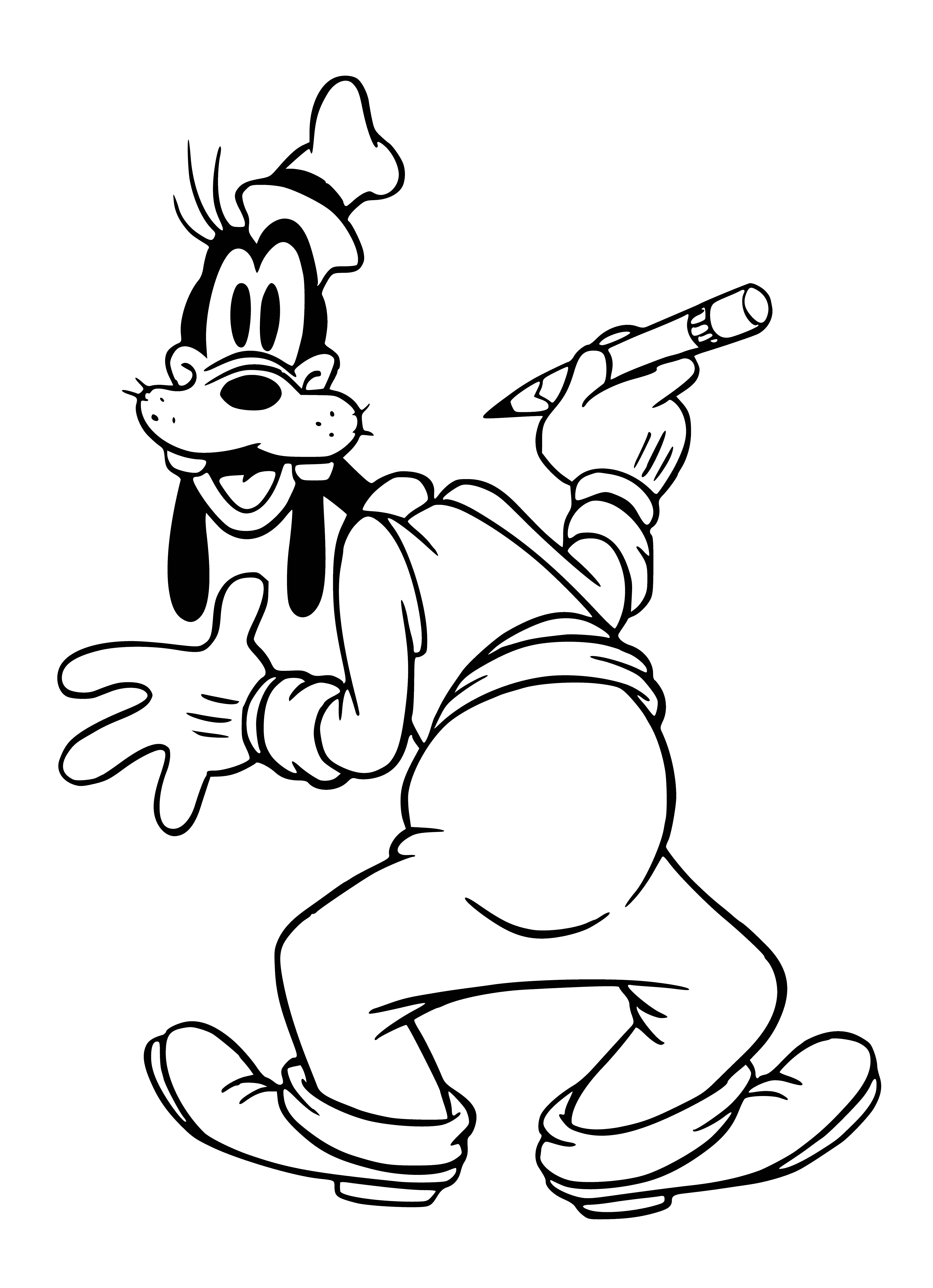 coloring page: Mickey Mouse creates art by making a goopy mess, holding a paintbrush & palette, and leaving two footprints.