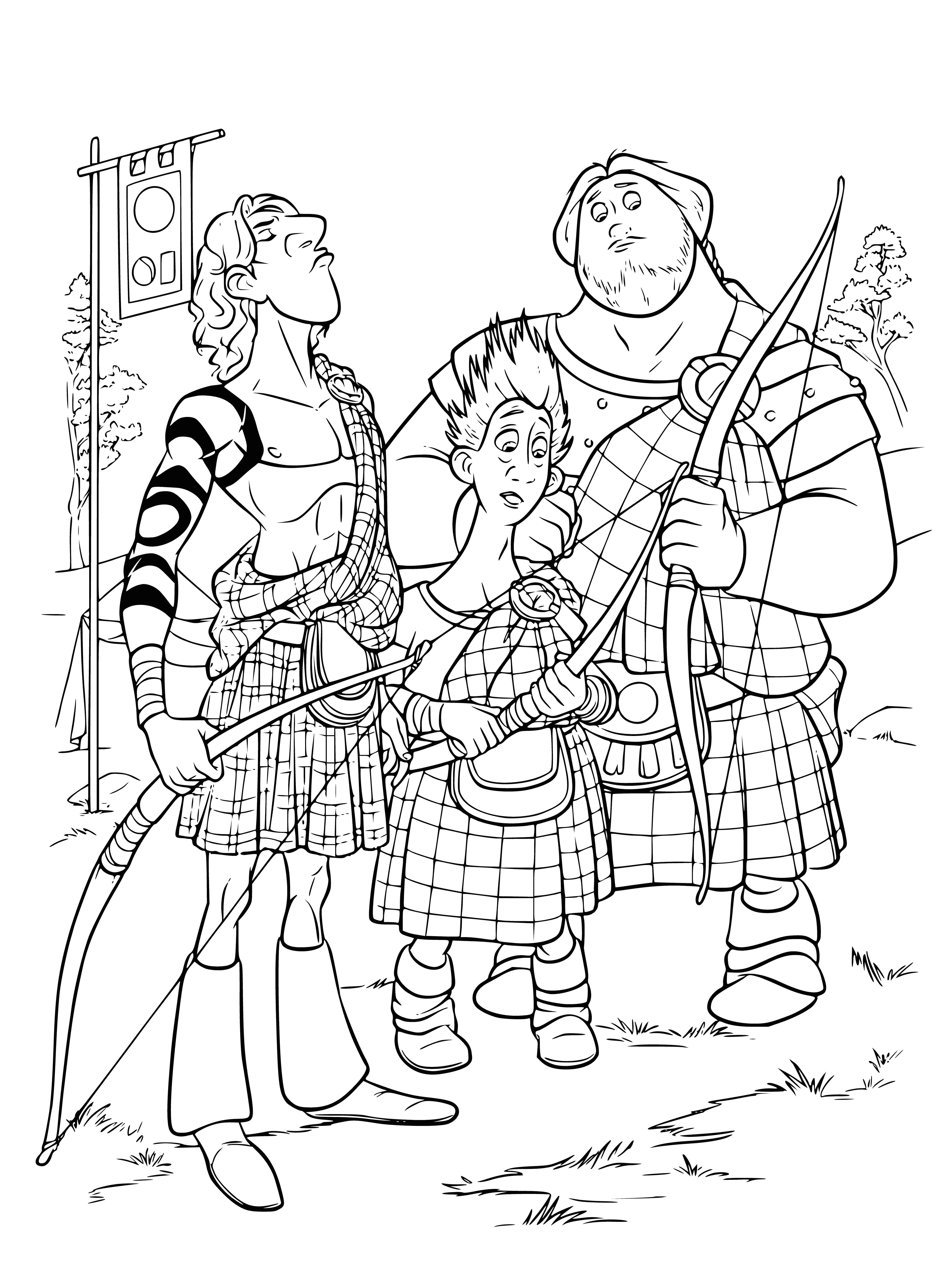 coloring page: Painting of Scottish lords wearing traditional attire, holding weapons, ready for battle in a castle-surrounded landscape.