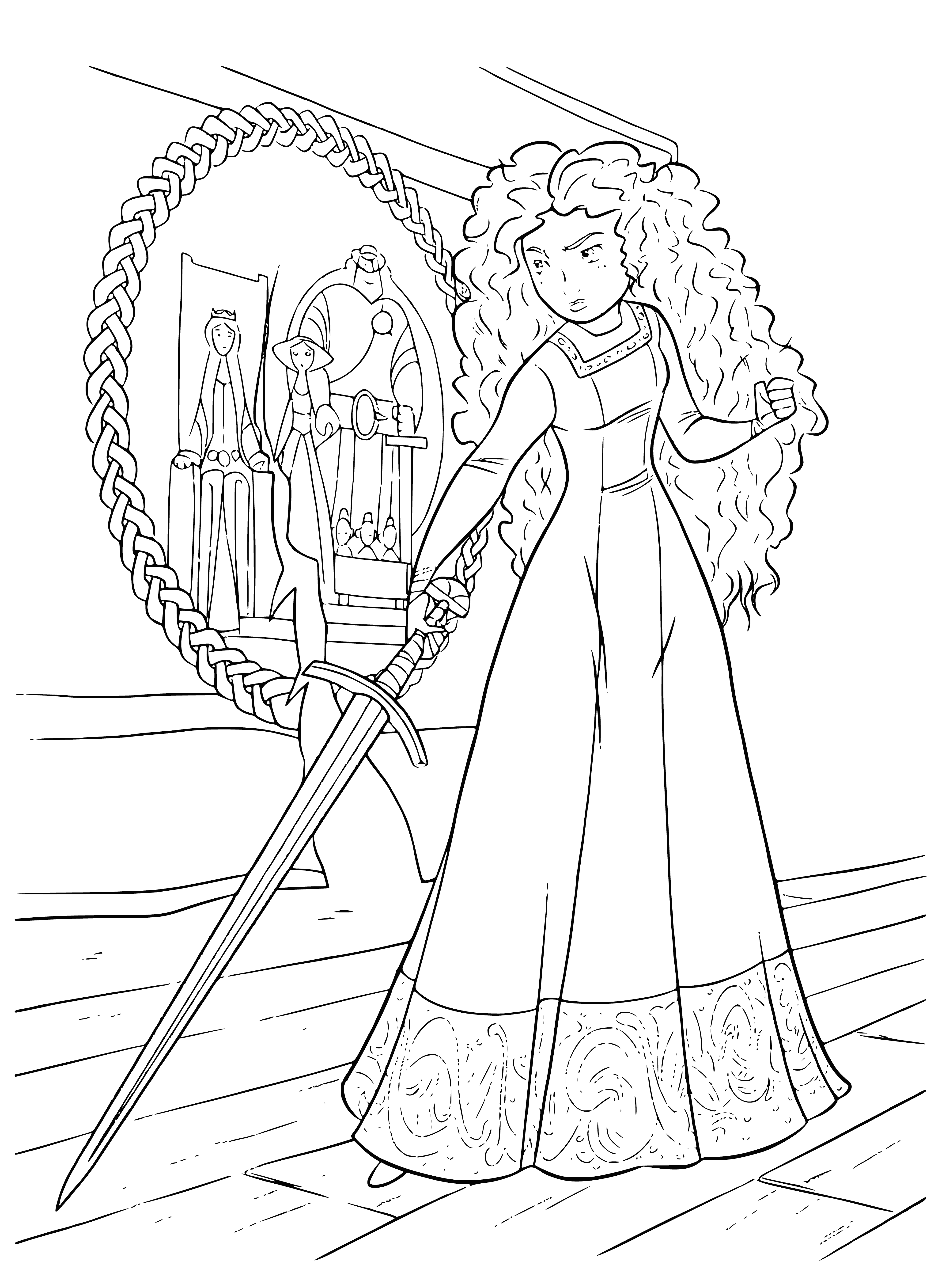 coloring page: Young woman with red hair and blue dress holding a sword stands before castle on a hill, forest in background, blue sky.